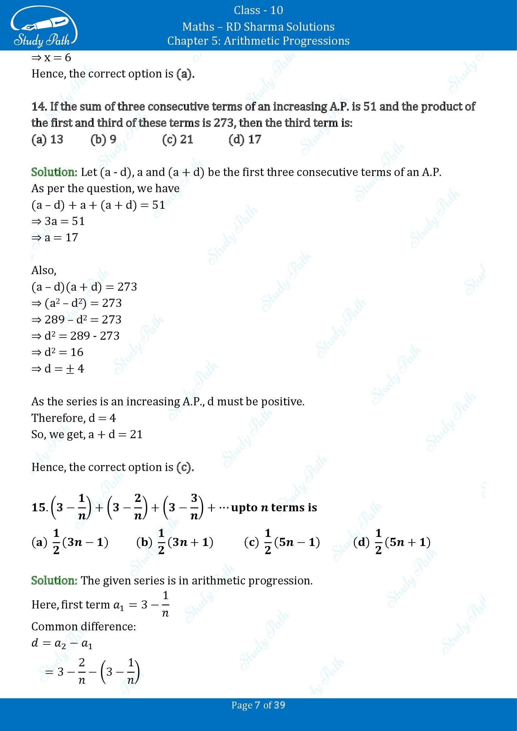 RD Sharma Solutions Class 10 Chapter 5 Arithmetic Progressions Multiple Choice Questions MCQs 00007