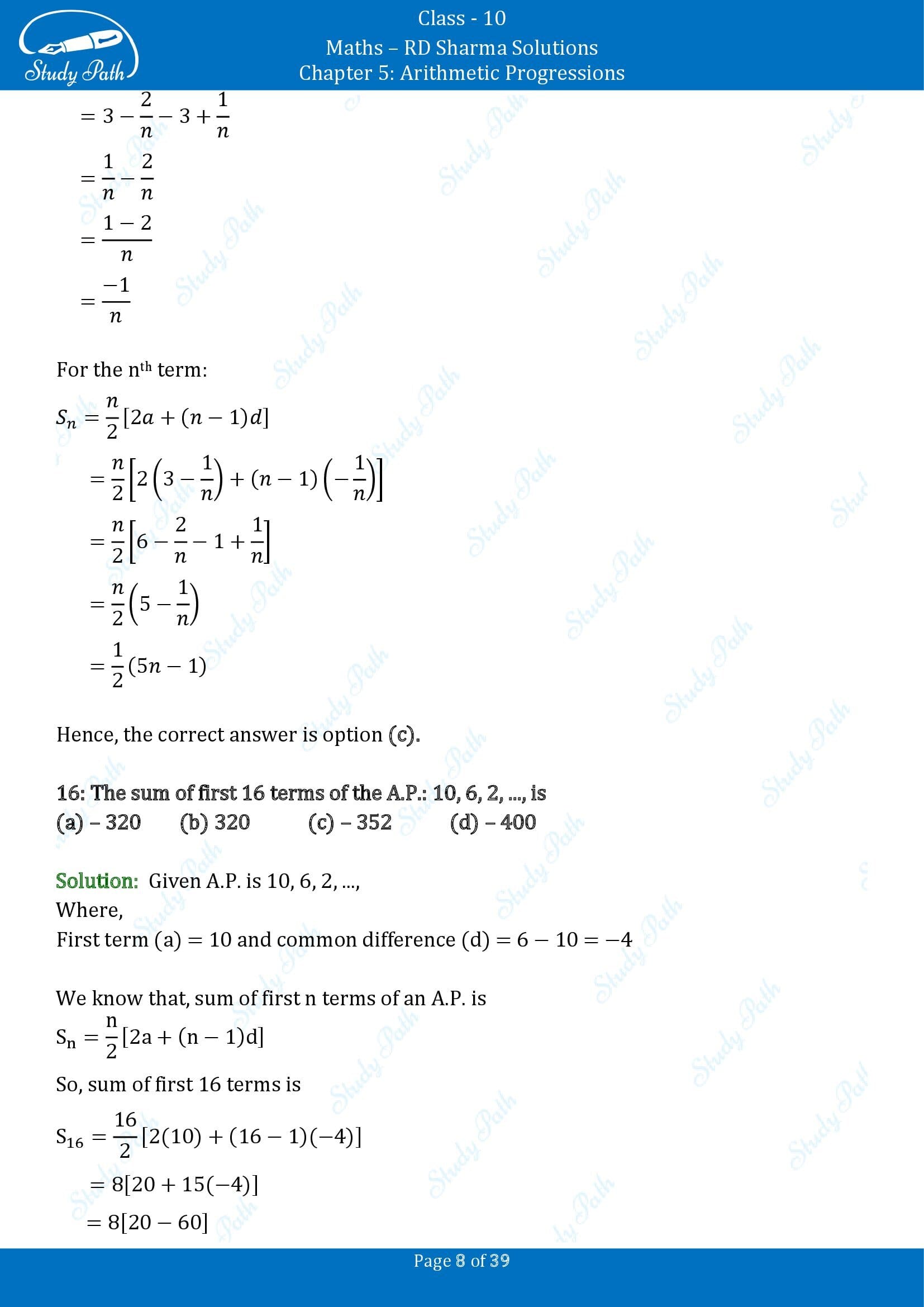 RD Sharma Solutions Class 10 Chapter 5 Arithmetic Progressions Multiple Choice Questions MCQs 00008