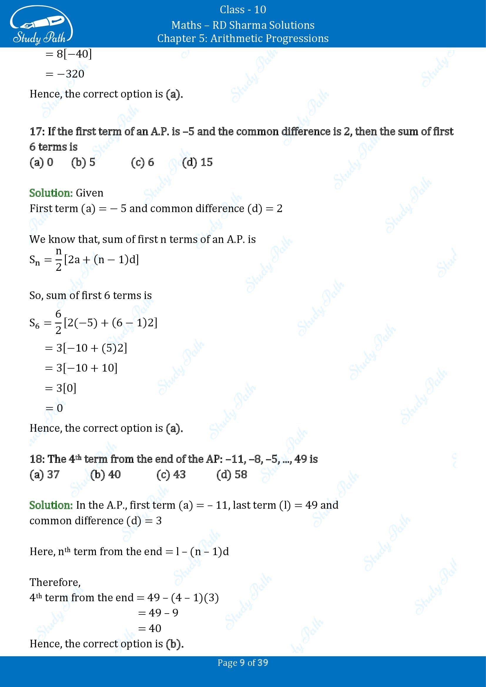 RD Sharma Solutions Class 10 Chapter 5 Arithmetic Progressions Multiple Choice Questions MCQs 00009