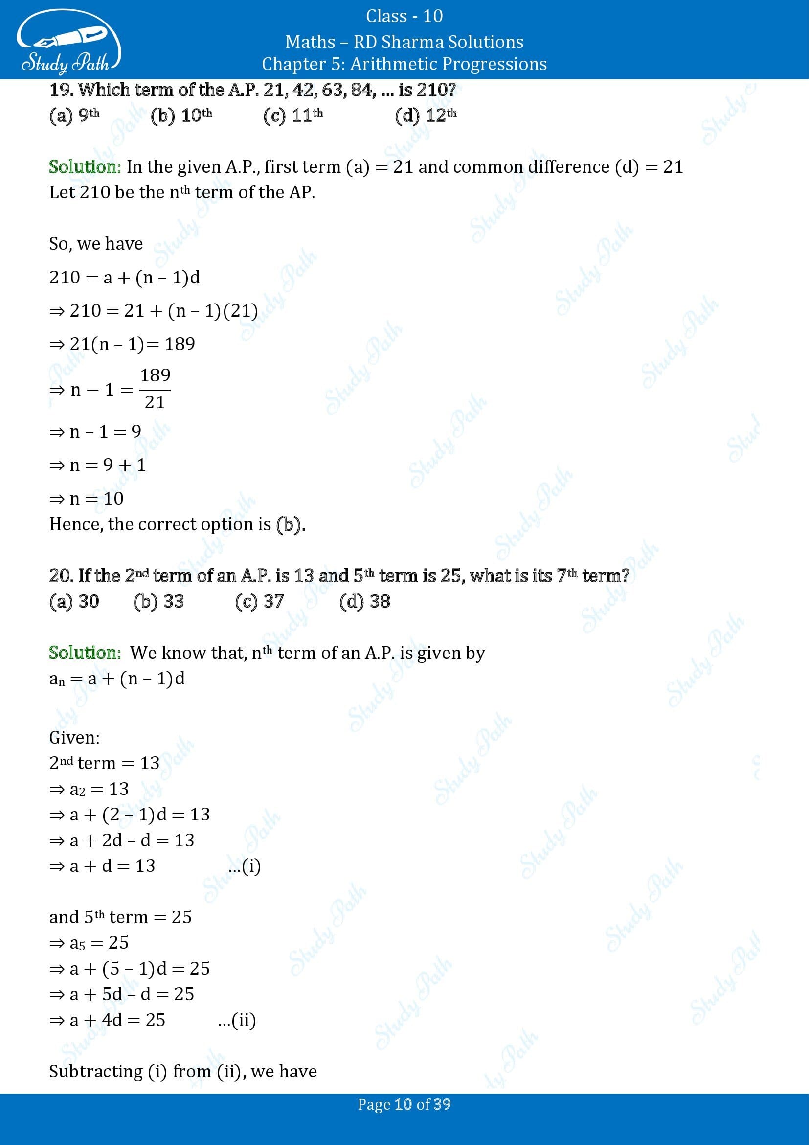 RD Sharma Solutions Class 10 Chapter 5 Arithmetic Progressions Multiple Choice Questions MCQs 00010