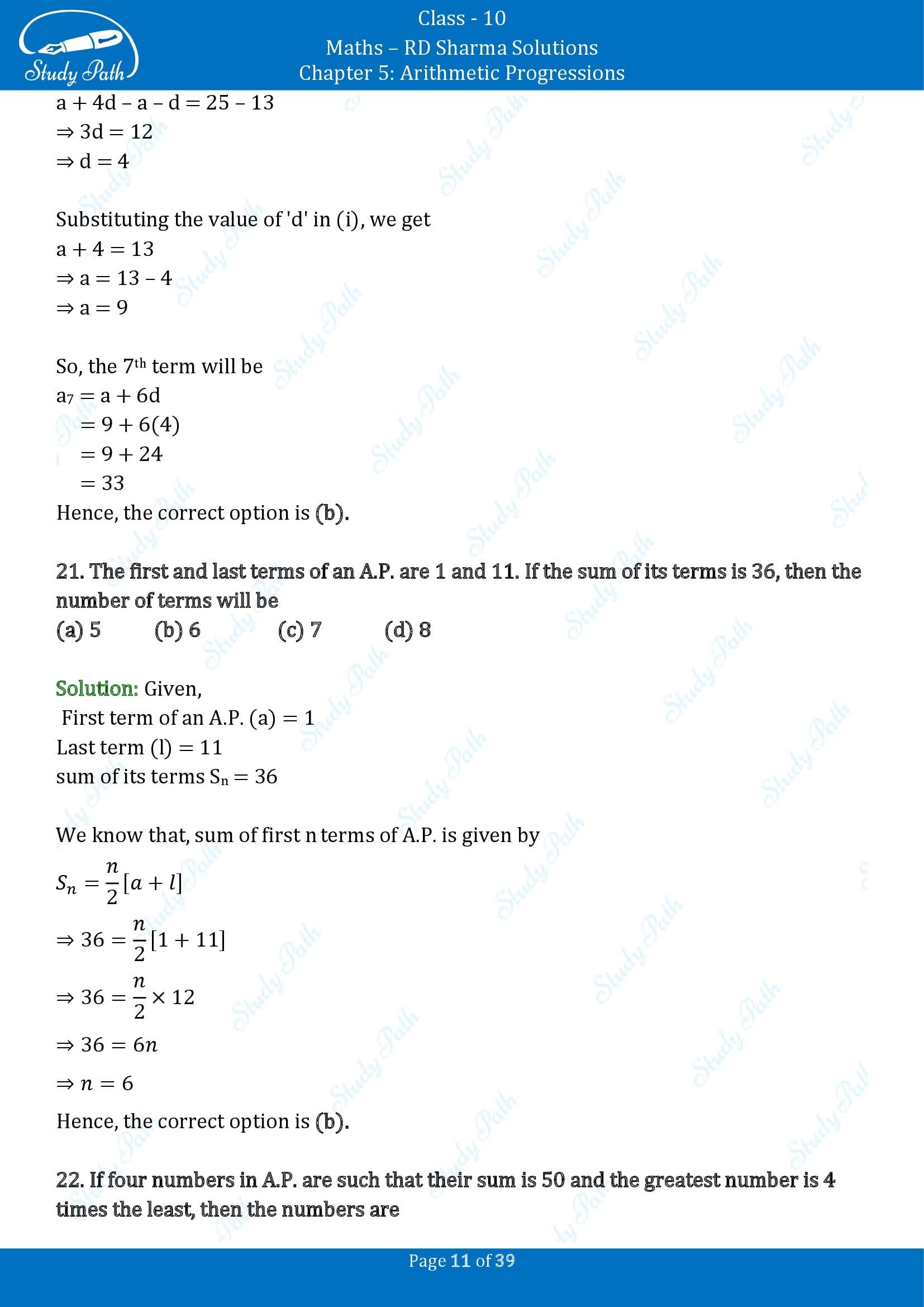 RD Sharma Solutions Class 10 Chapter 5 Arithmetic Progressions Multiple Choice Questions MCQs 00011