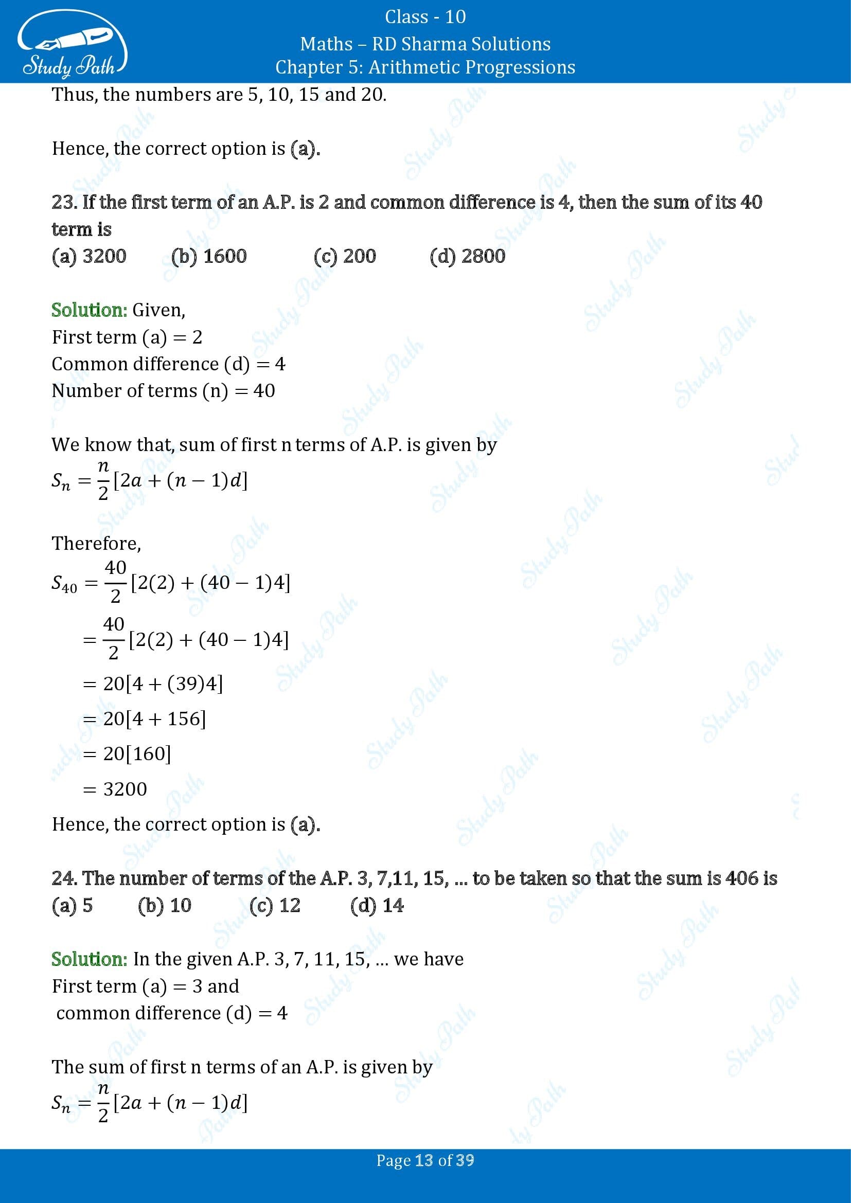 RD Sharma Solutions Class 10 Chapter 5 Arithmetic Progressions Multiple Choice Questions MCQs 00013