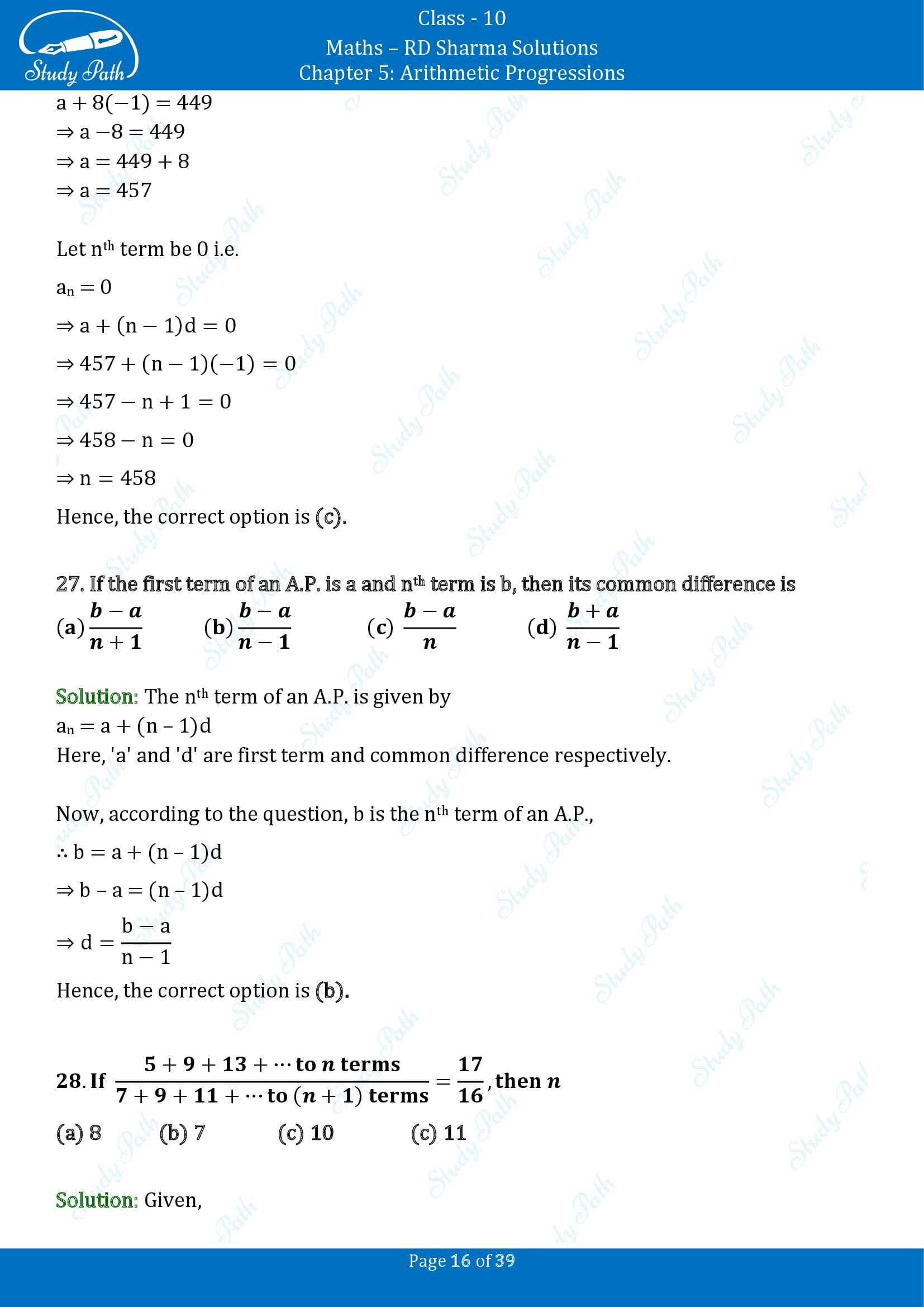 RD Sharma Solutions Class 10 Chapter 5 Arithmetic Progressions Multiple Choice Questions MCQs 00016