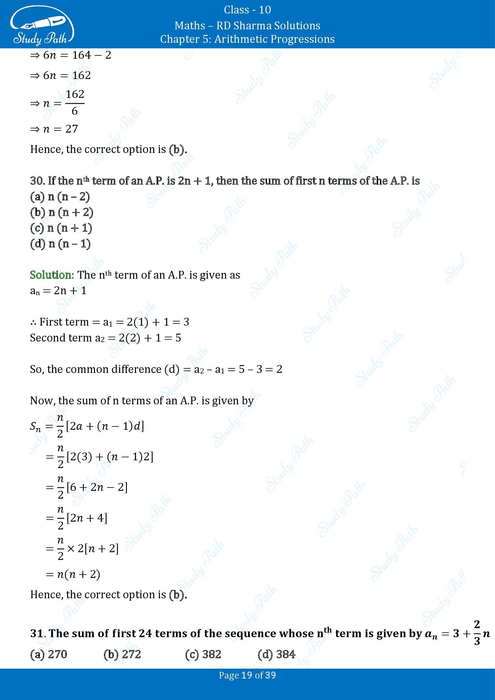 RD Sharma Solutions Class 10 Chapter 5 Arithmetic Progressions Multiple Choice Questions MCQs 00019