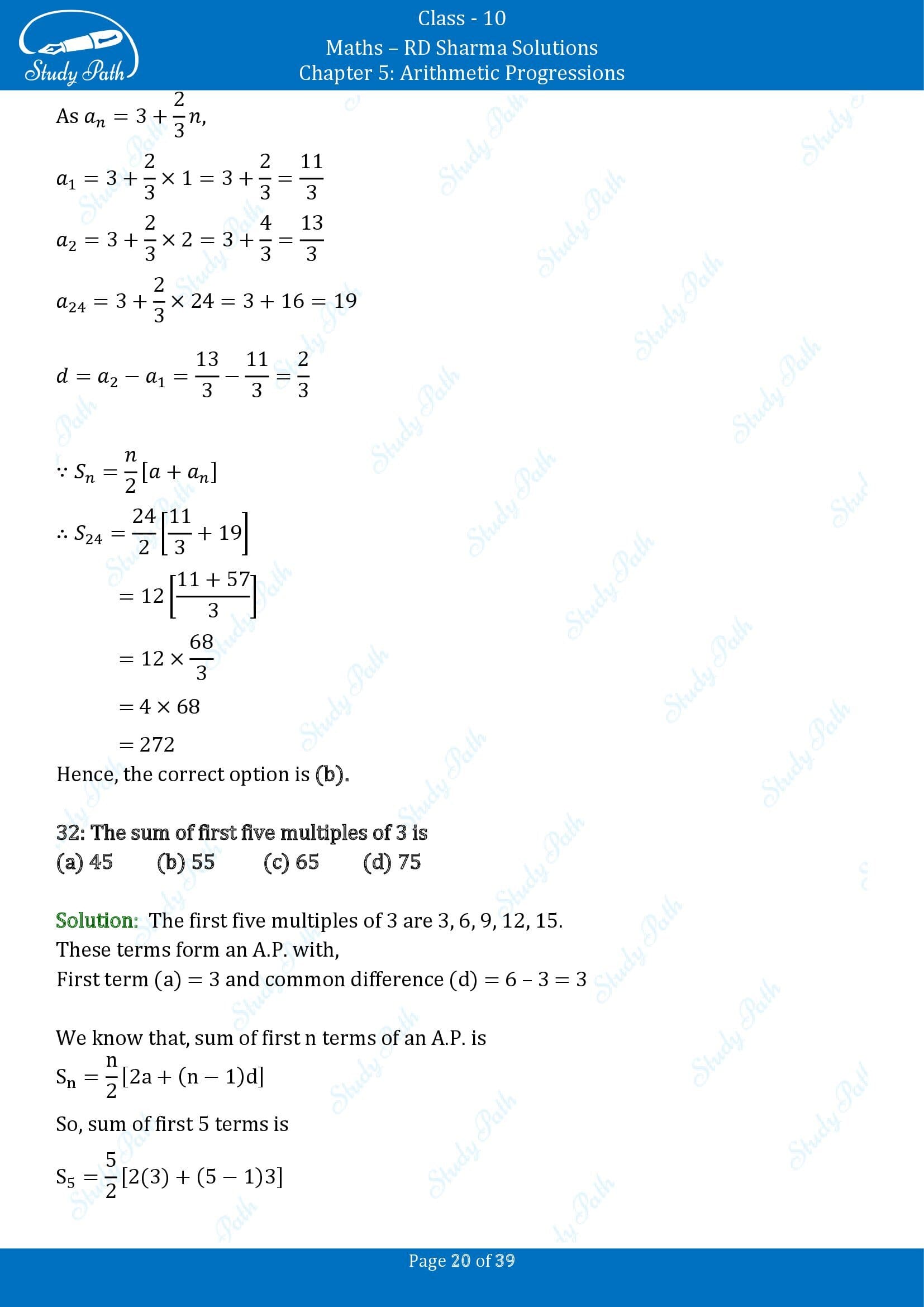 RD Sharma Solutions Class 10 Chapter 5 Arithmetic Progressions Multiple Choice Questions MCQs 00020