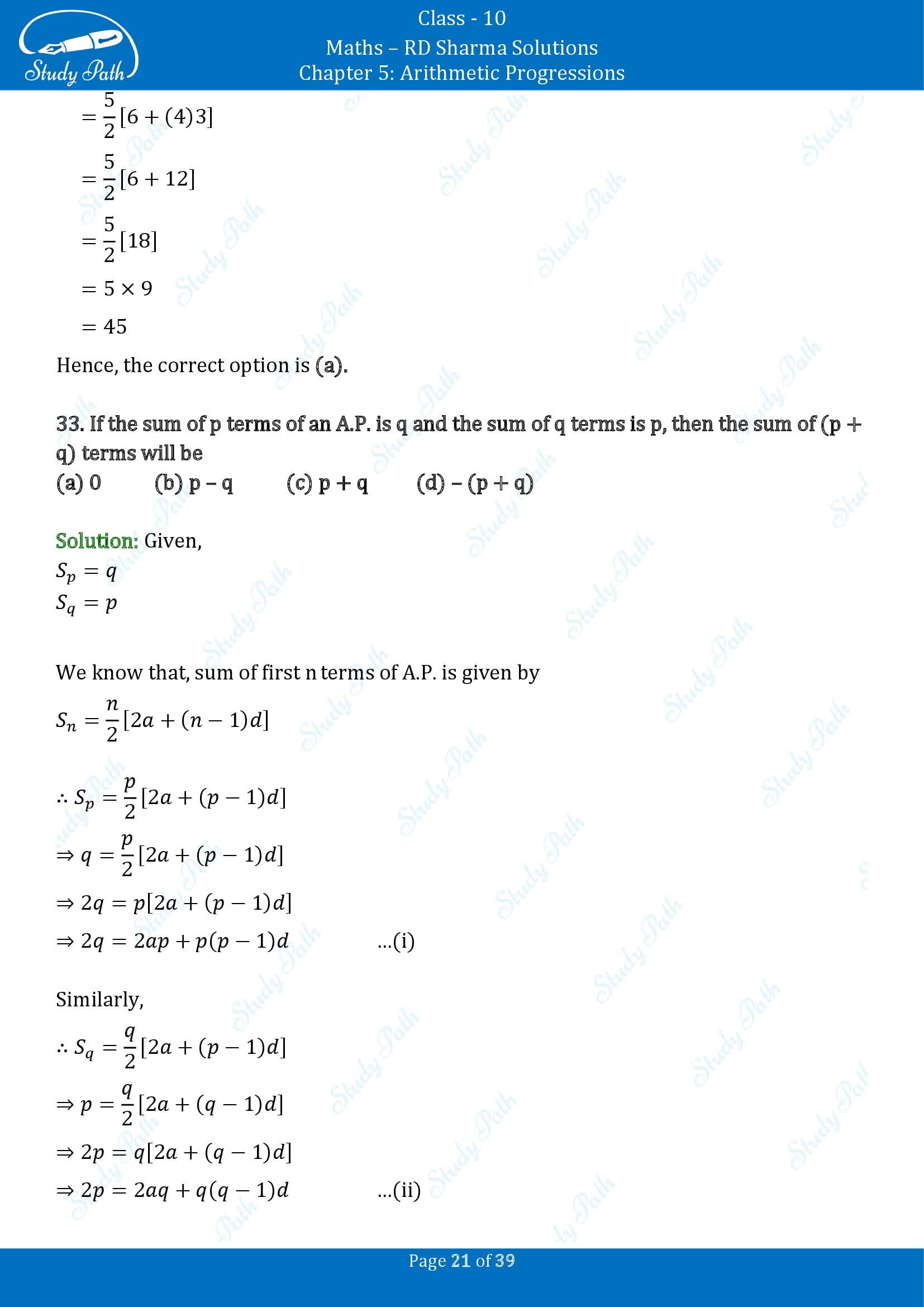 RD Sharma Solutions Class 10 Chapter 5 Arithmetic Progressions Multiple Choice Questions MCQs 00021