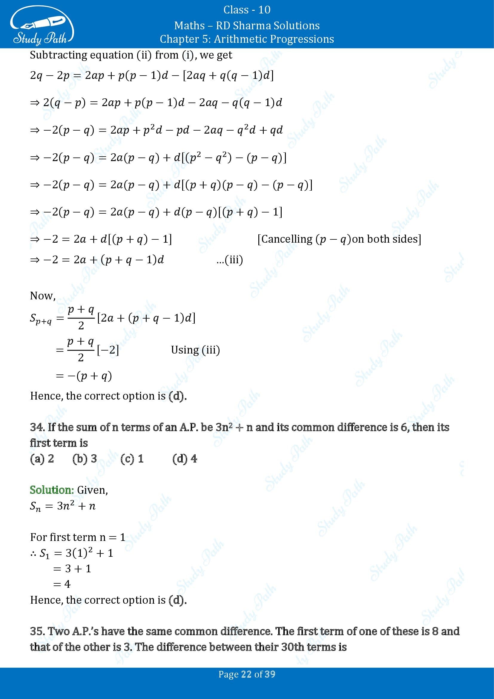 RD Sharma Solutions Class 10 Chapter 5 Arithmetic Progressions Multiple Choice Questions MCQs 00022