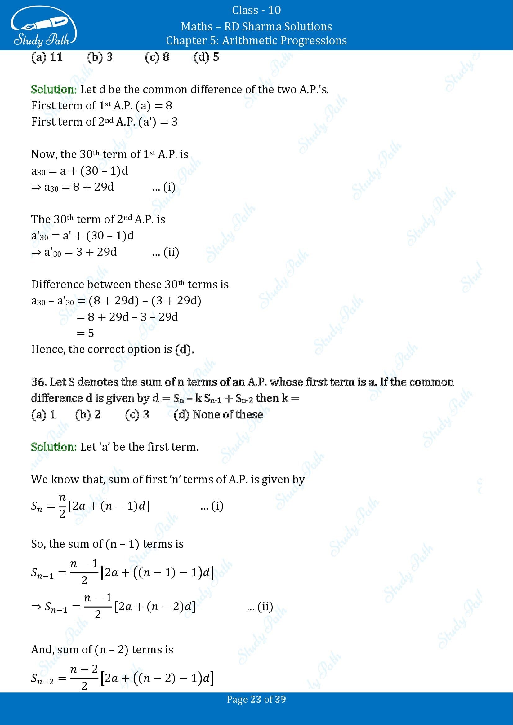 RD Sharma Solutions Class 10 Chapter 5 Arithmetic Progressions Multiple Choice Questions MCQs 00023