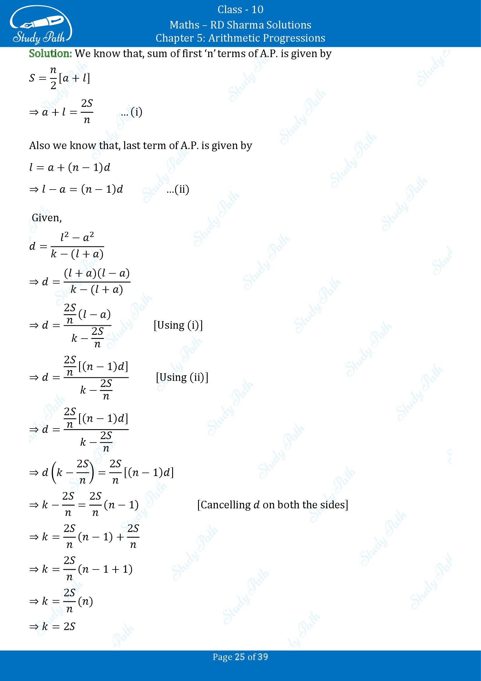 RD Sharma Solutions Class 10 Chapter 5 Arithmetic Progressions Multiple Choice Questions MCQs 00025