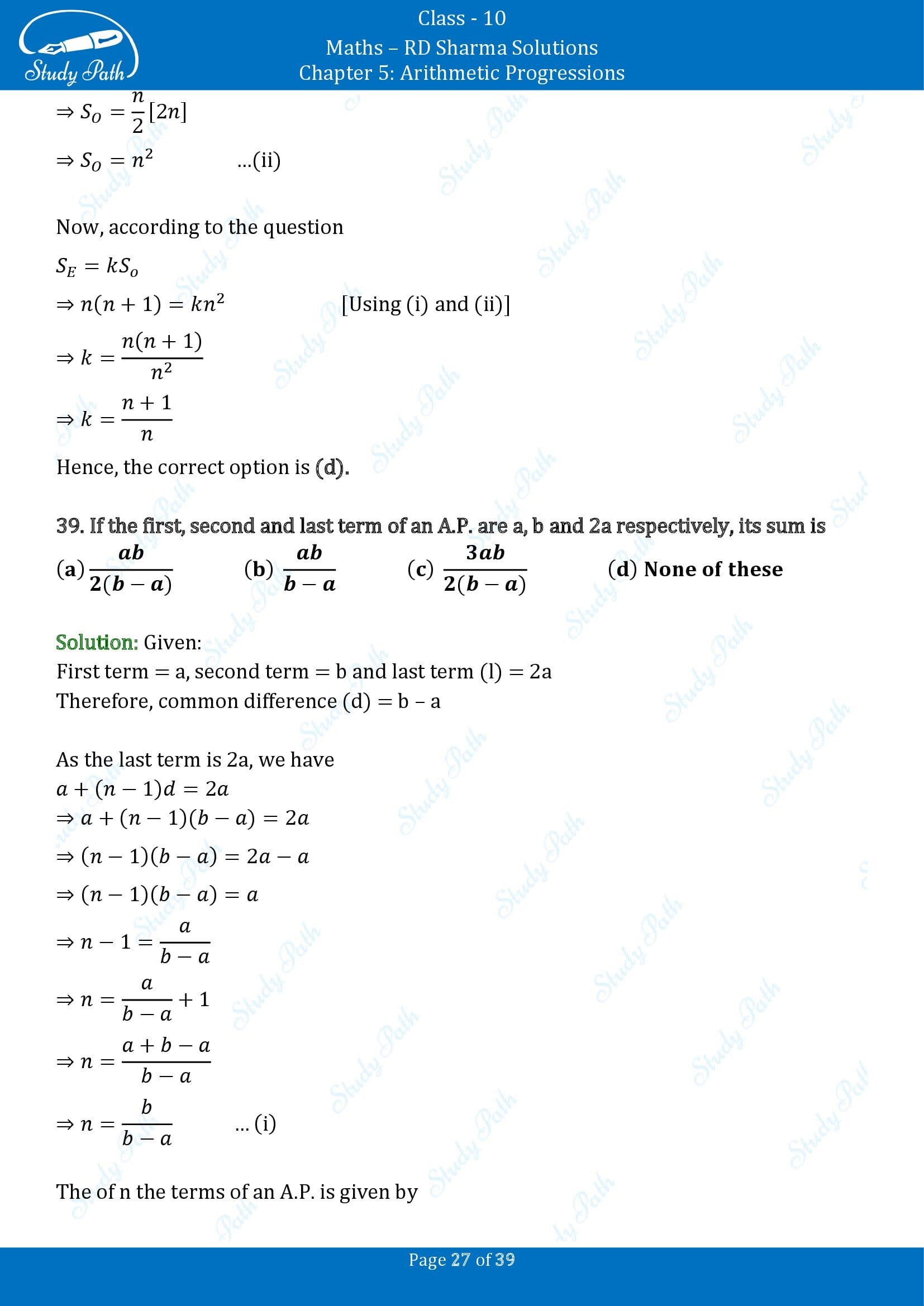 RD Sharma Solutions Class 10 Chapter 5 Arithmetic Progressions Multiple Choice Questions MCQs 00027