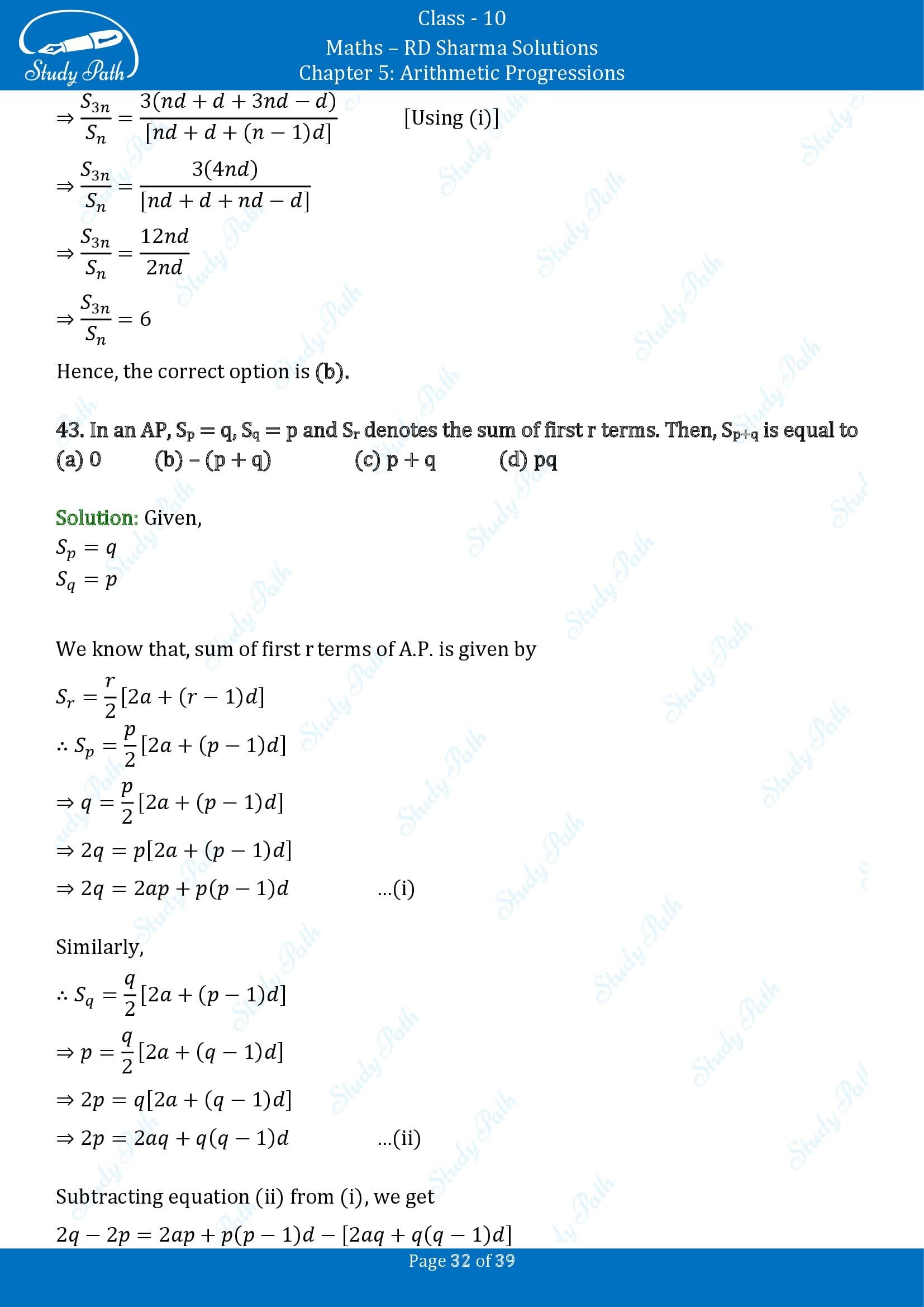 RD Sharma Solutions Class 10 Chapter 5 Arithmetic Progressions Multiple Choice Questions MCQs 00032