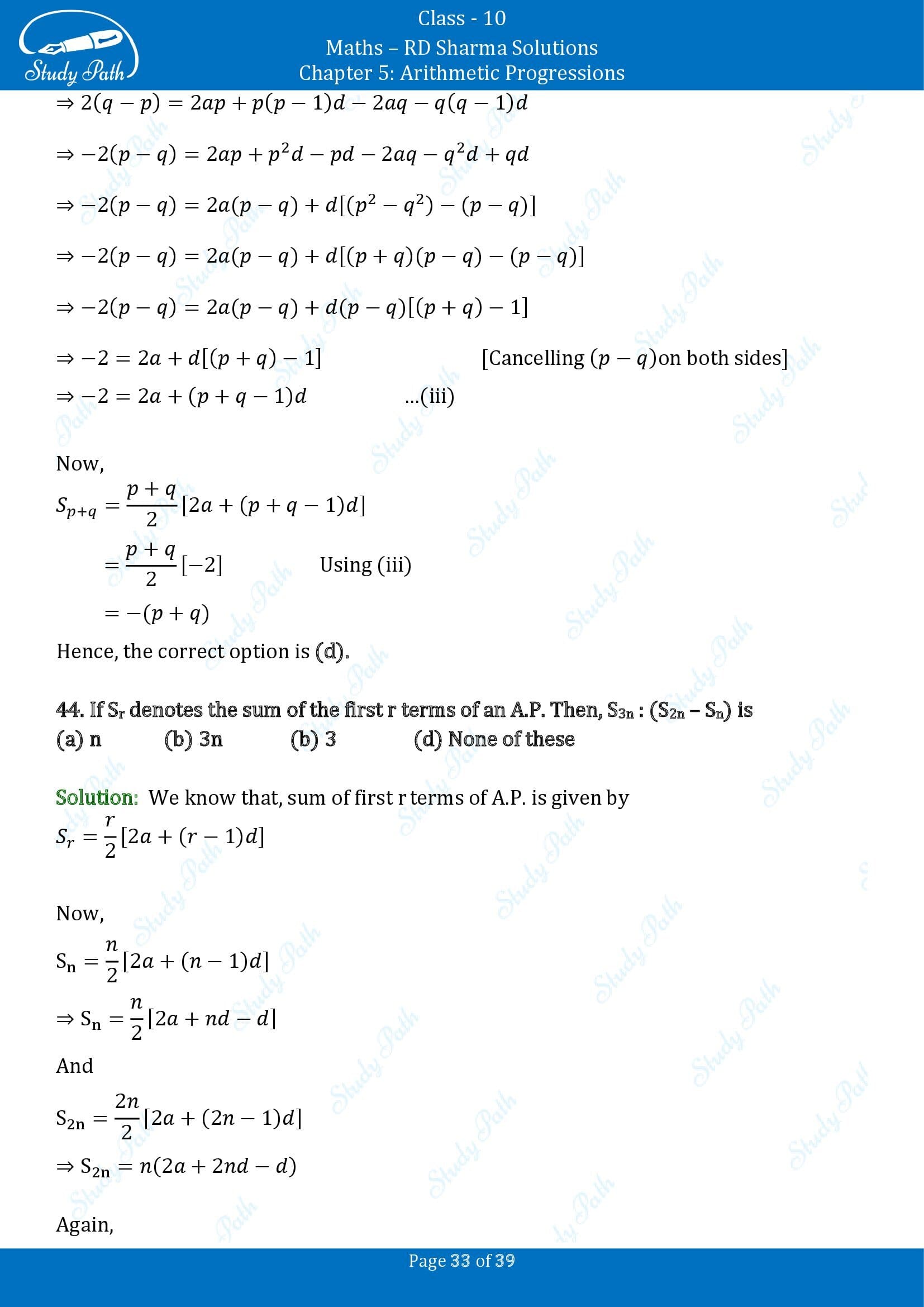 RD Sharma Solutions Class 10 Chapter 5 Arithmetic Progressions Multiple Choice Questions MCQs 00033