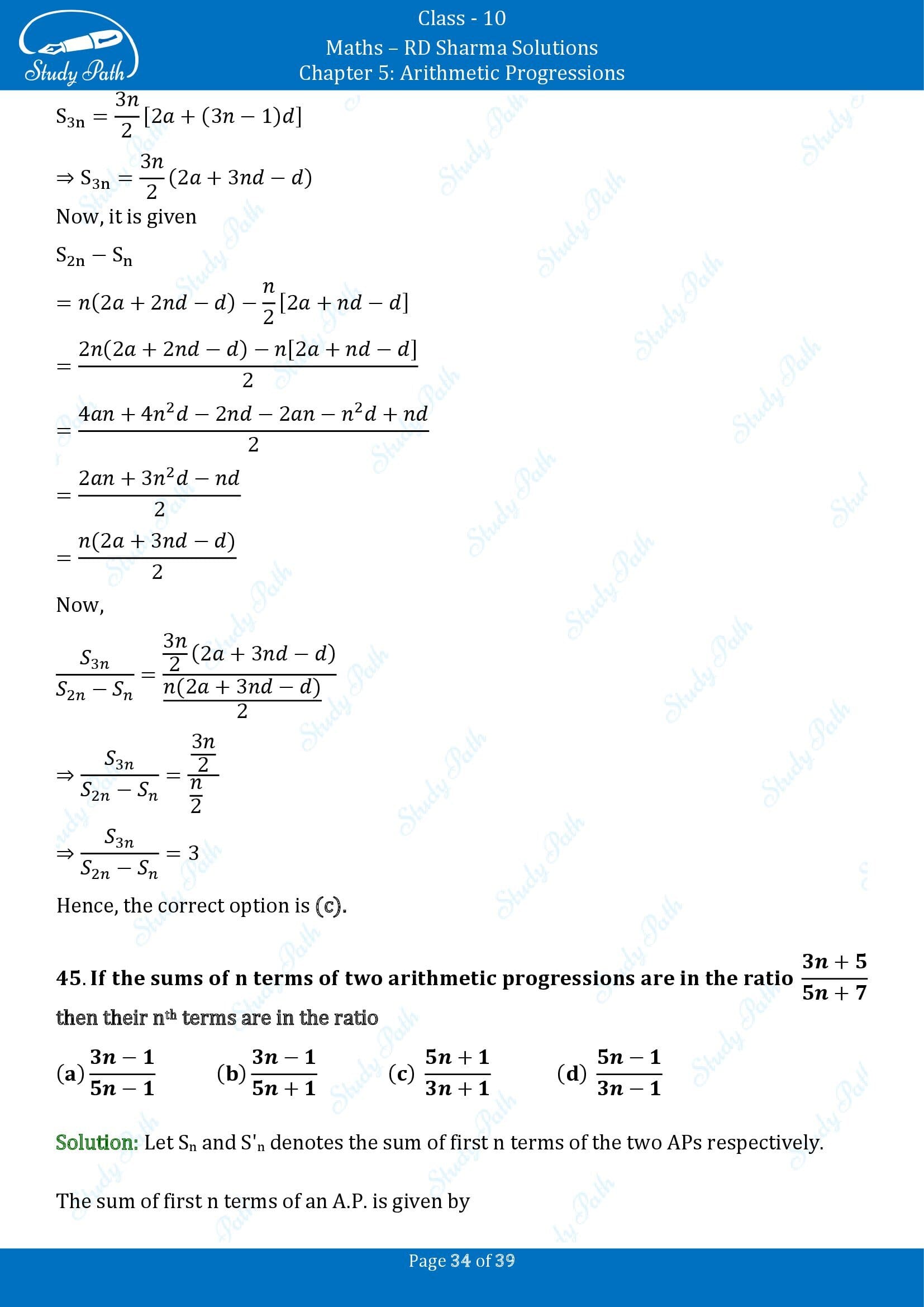 RD Sharma Solutions Class 10 Chapter 5 Arithmetic Progressions Multiple Choice Questions MCQs 00034