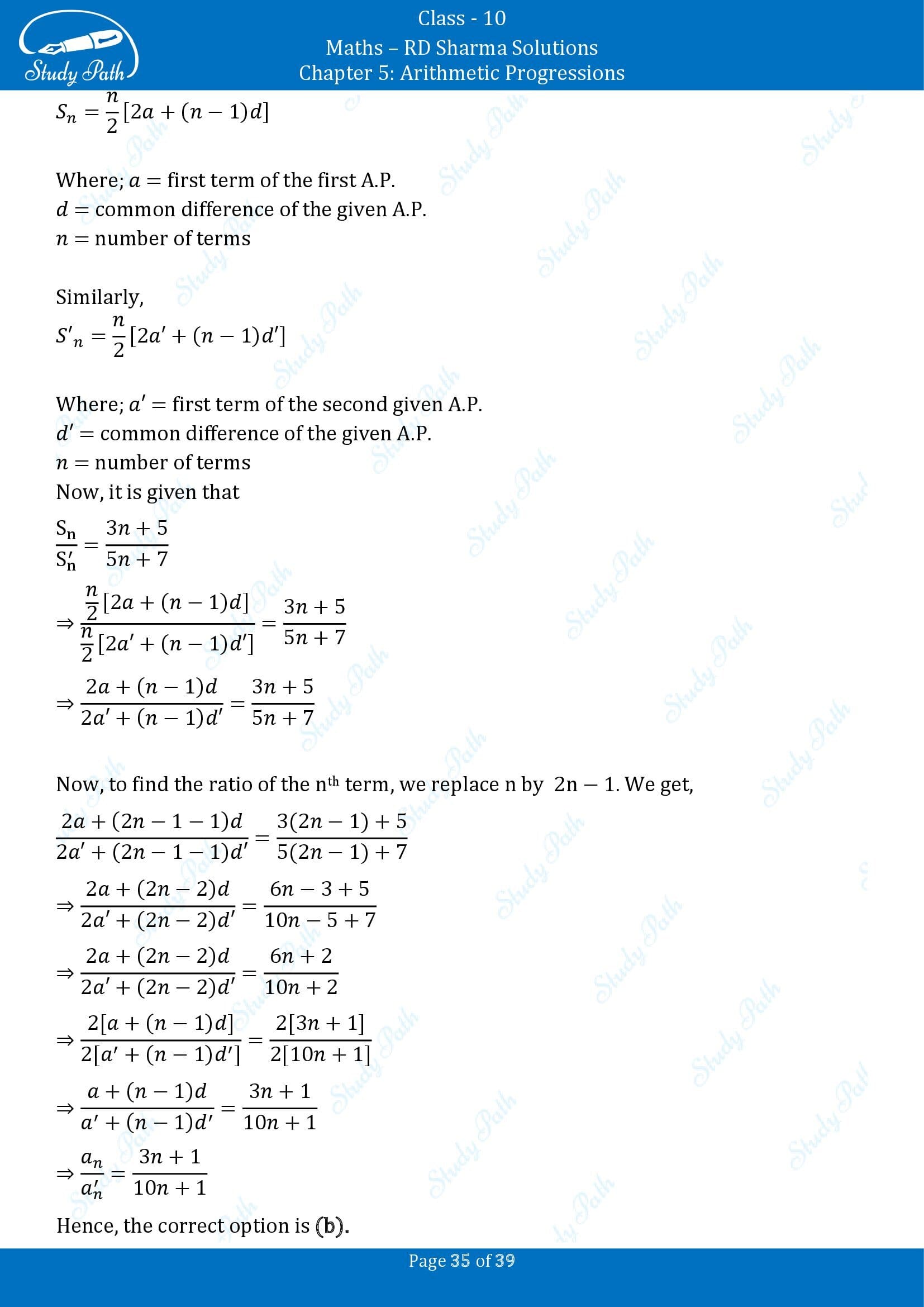 RD Sharma Solutions Class 10 Chapter 5 Arithmetic Progressions Multiple Choice Questions MCQs 00035