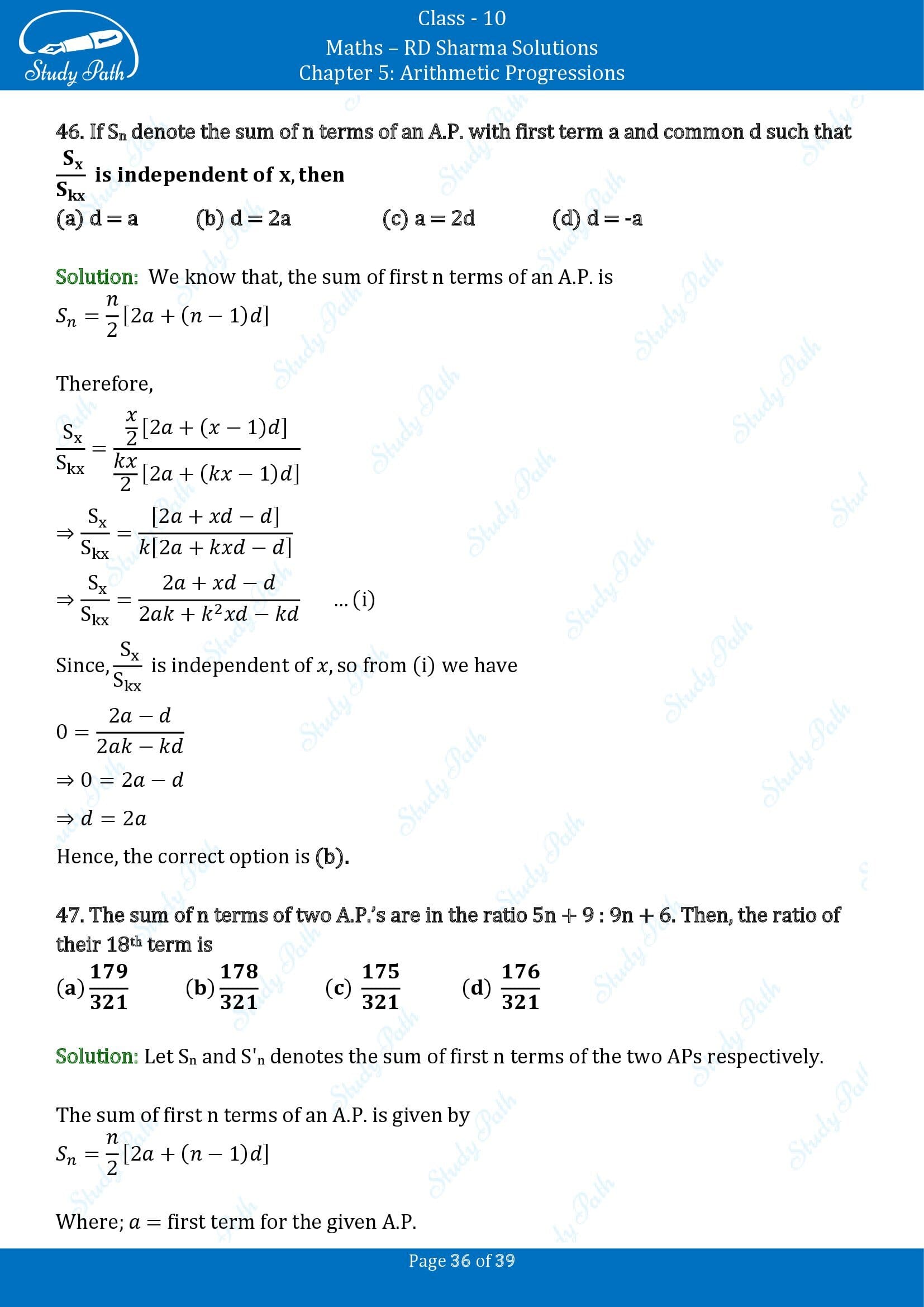 RD Sharma Solutions Class 10 Chapter 5 Arithmetic Progressions Multiple Choice Questions MCQs 00036