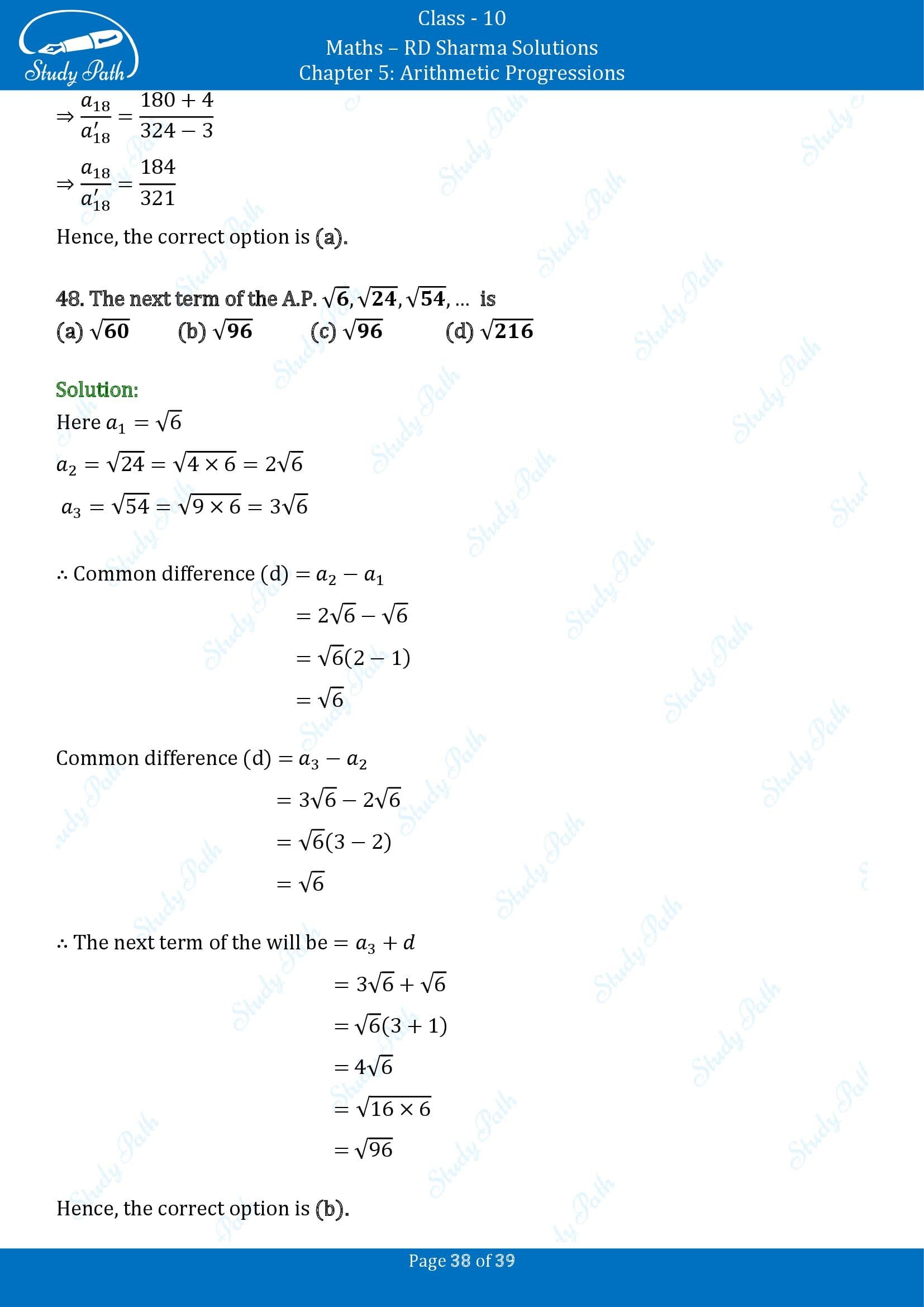 RD Sharma Solutions Class 10 Chapter 5 Arithmetic Progressions Multiple Choice Questions MCQs 00038