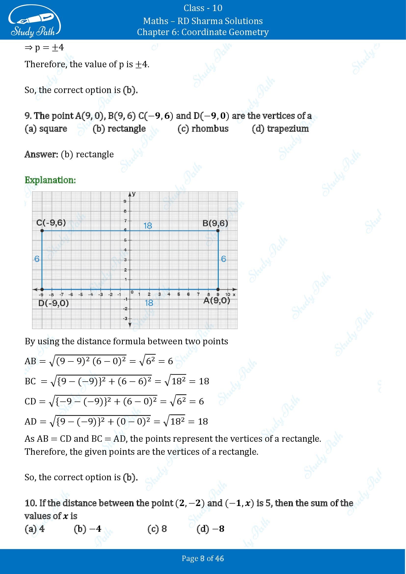 RD Sharma Solutions Class 10 Chapter 6 Coordinate Geometry Multiple Choice Questions MCQs 00008