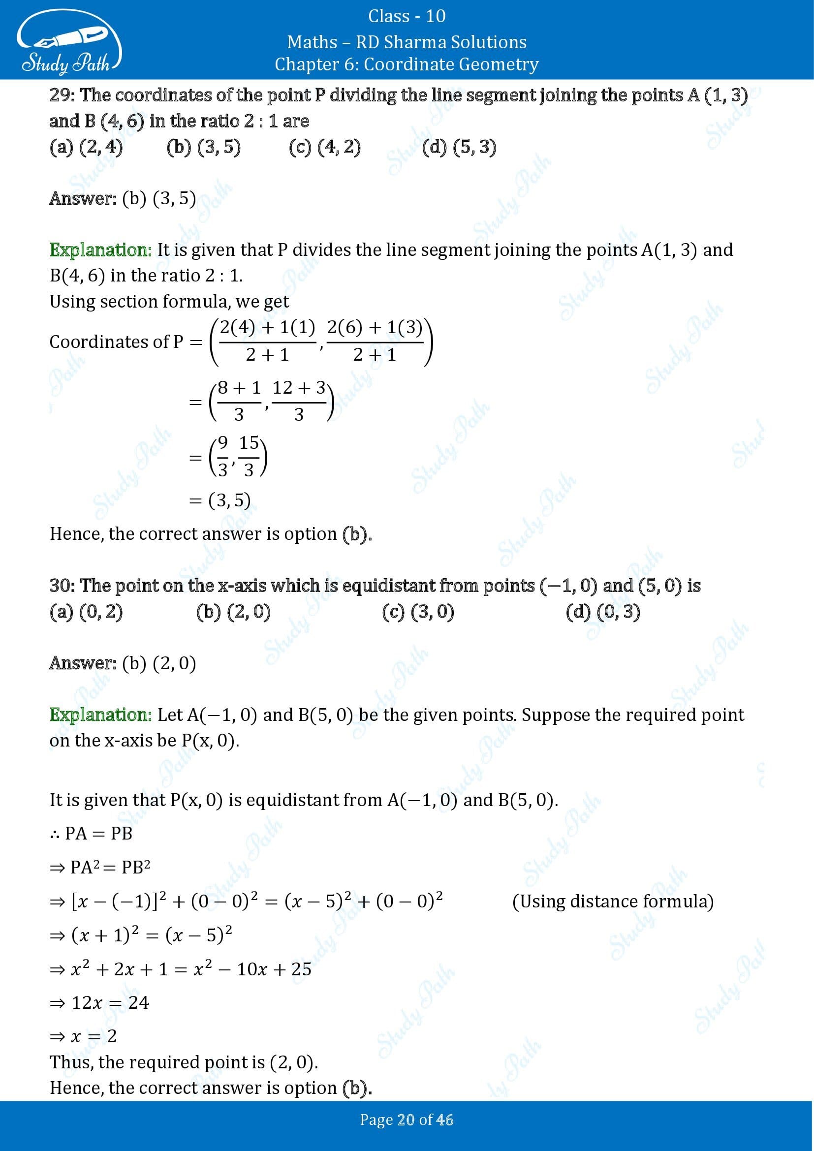 RD Sharma Solutions Class 10 Chapter 6 Coordinate Geometry Multiple Choice Questions MCQs 00020