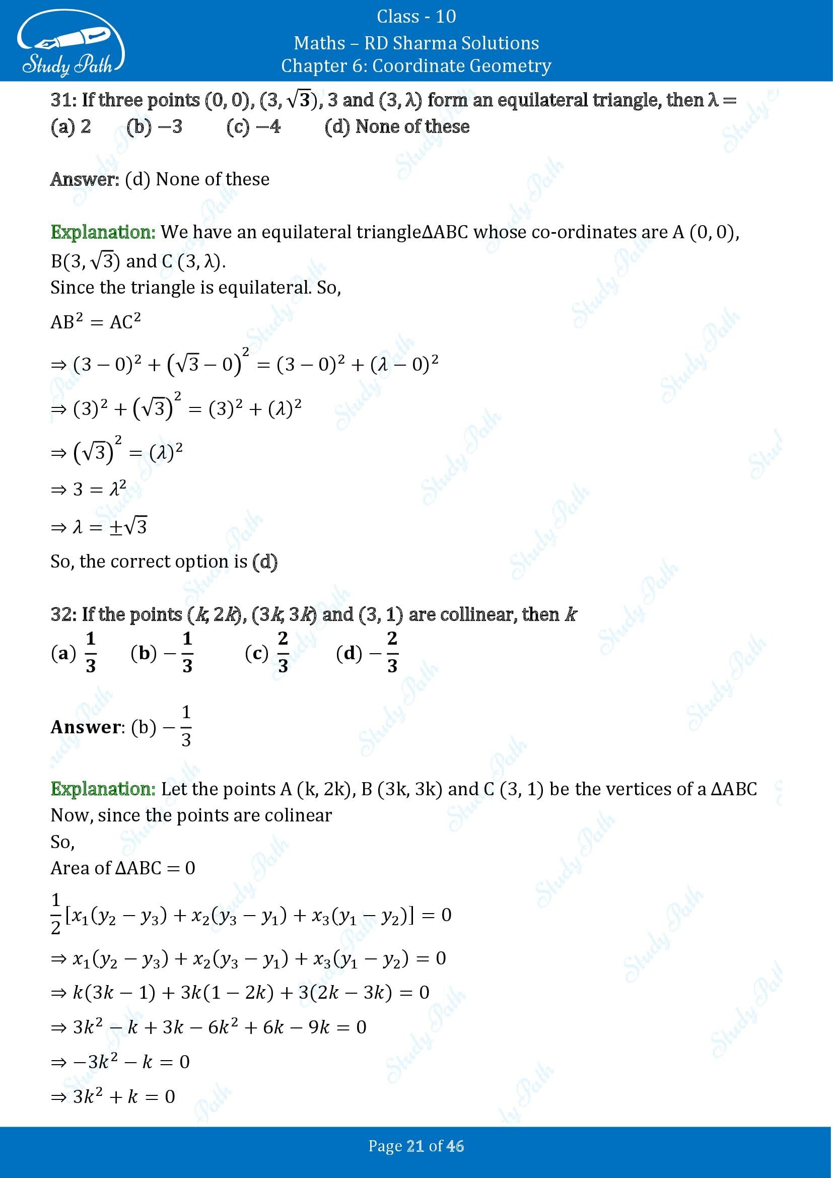 RD Sharma Solutions Class 10 Chapter 6 Coordinate Geometry Multiple Choice Questions MCQs 00021