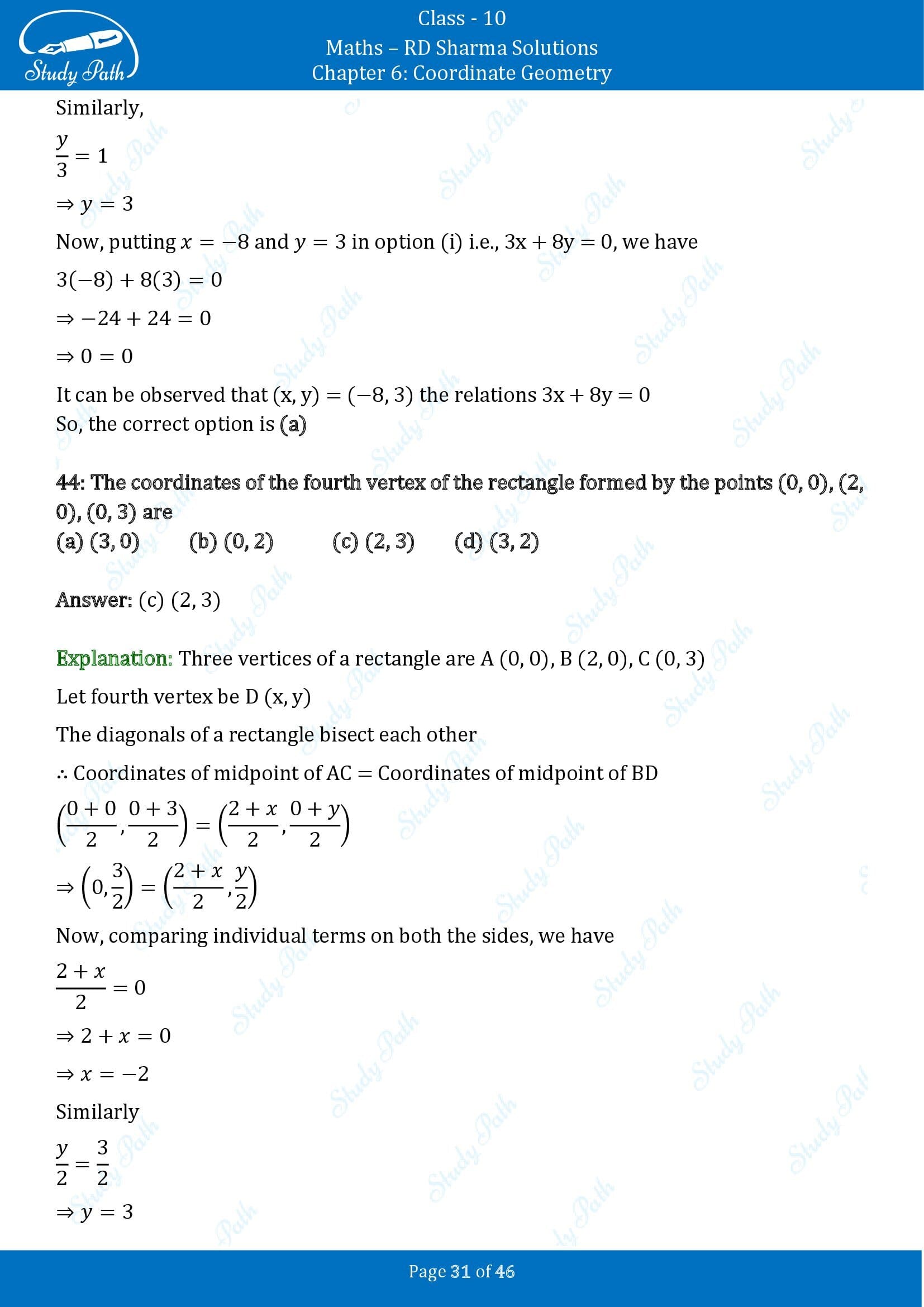 RD Sharma Solutions Class 10 Chapter 6 Coordinate Geometry Multiple Choice Questions MCQs 00031