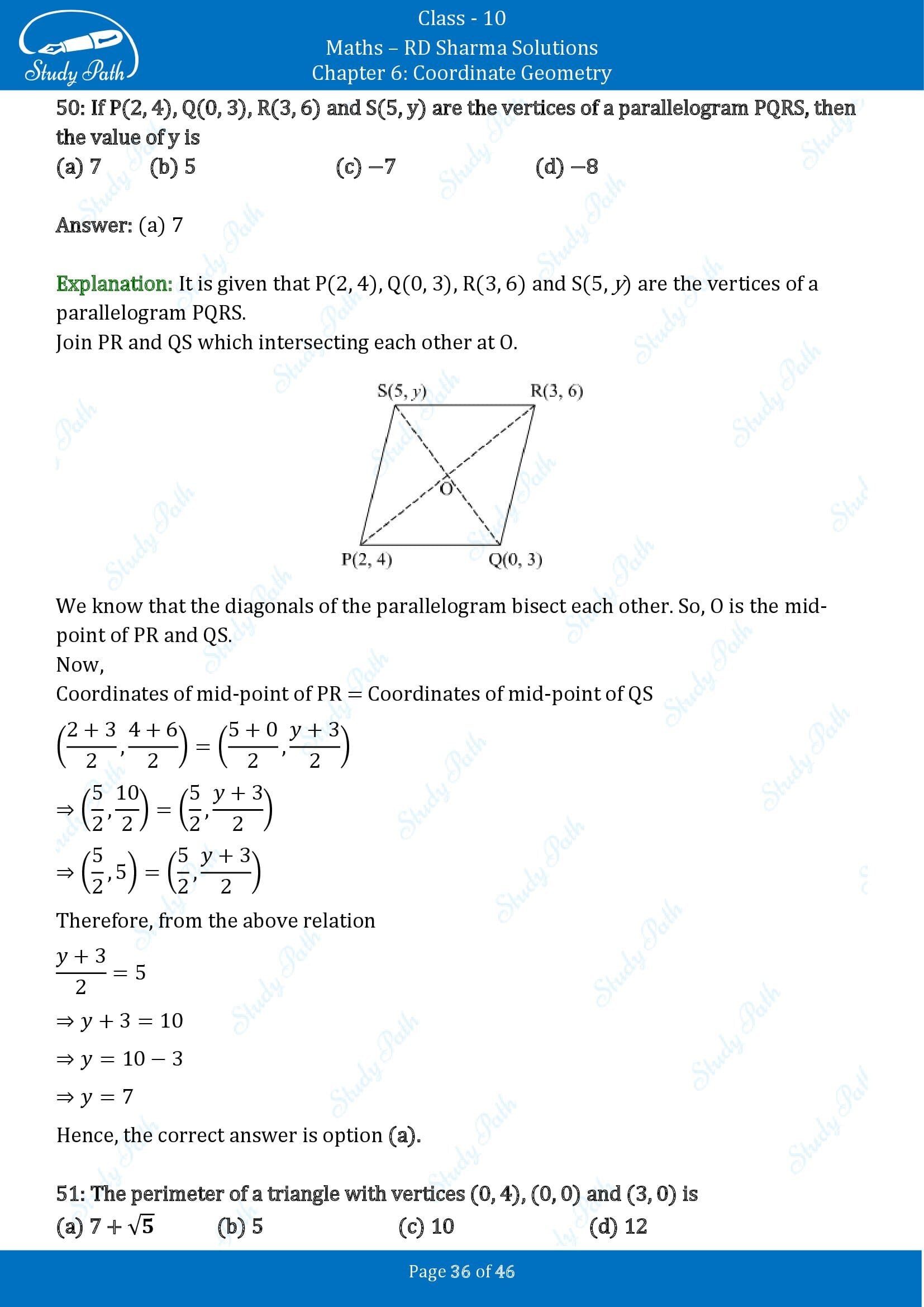 RD Sharma Solutions Class 10 Chapter 6 Coordinate Geometry Multiple Choice Questions MCQs 00036