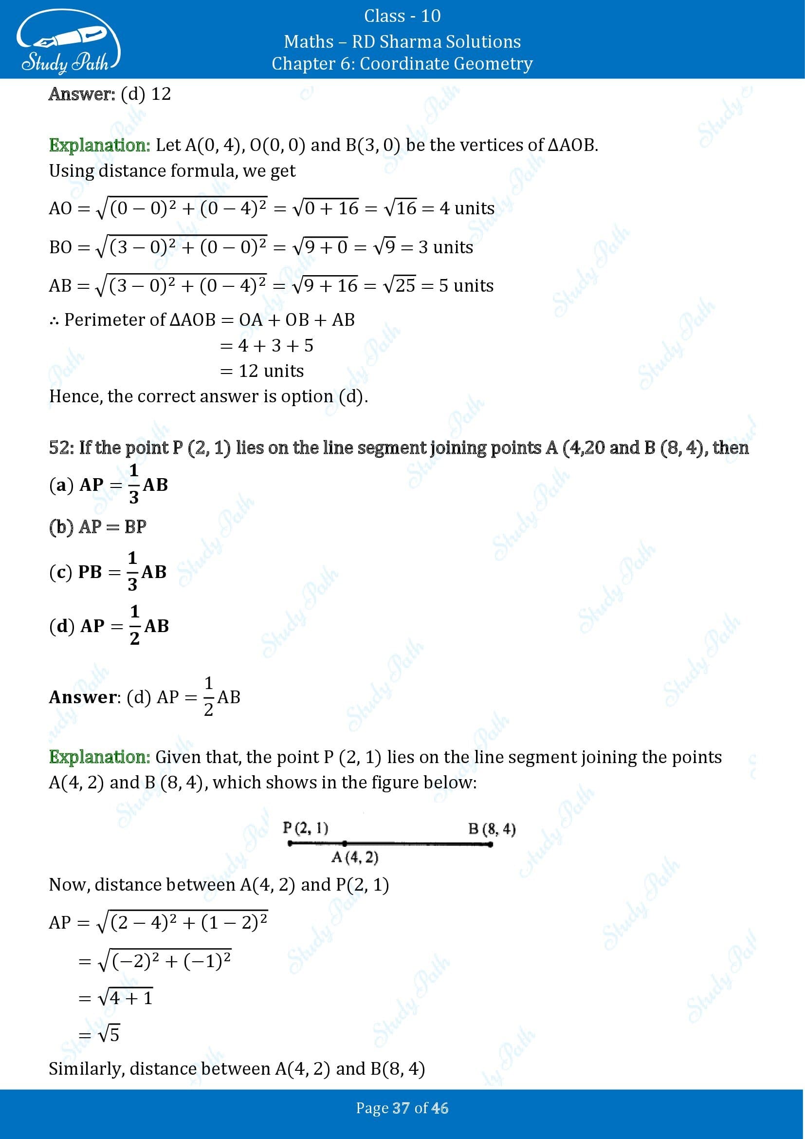 RD Sharma Solutions Class 10 Chapter 6 Coordinate Geometry Multiple Choice Questions MCQs 00037