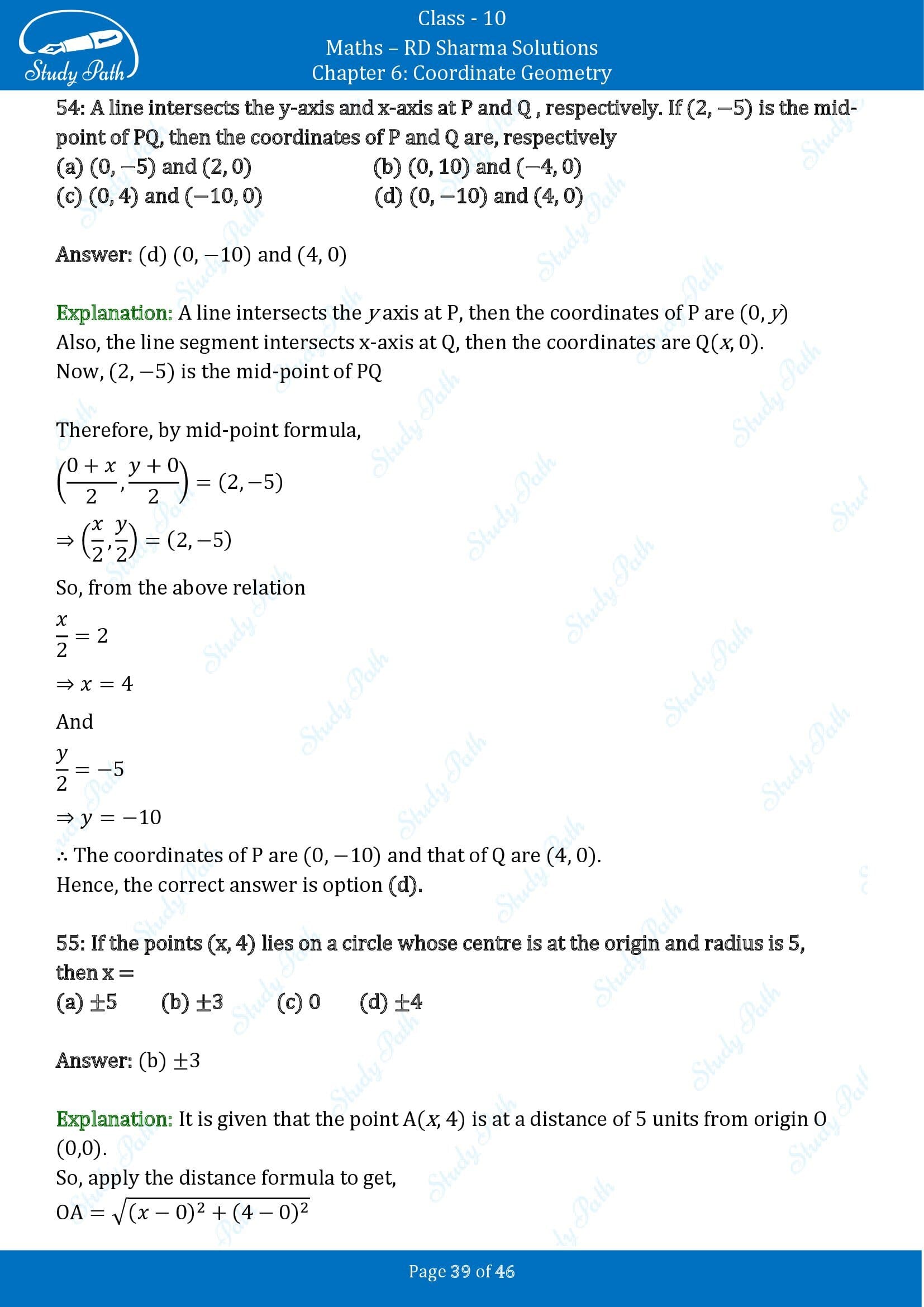 RD Sharma Solutions Class 10 Chapter 6 Coordinate Geometry Multiple Choice Questions MCQs 00039