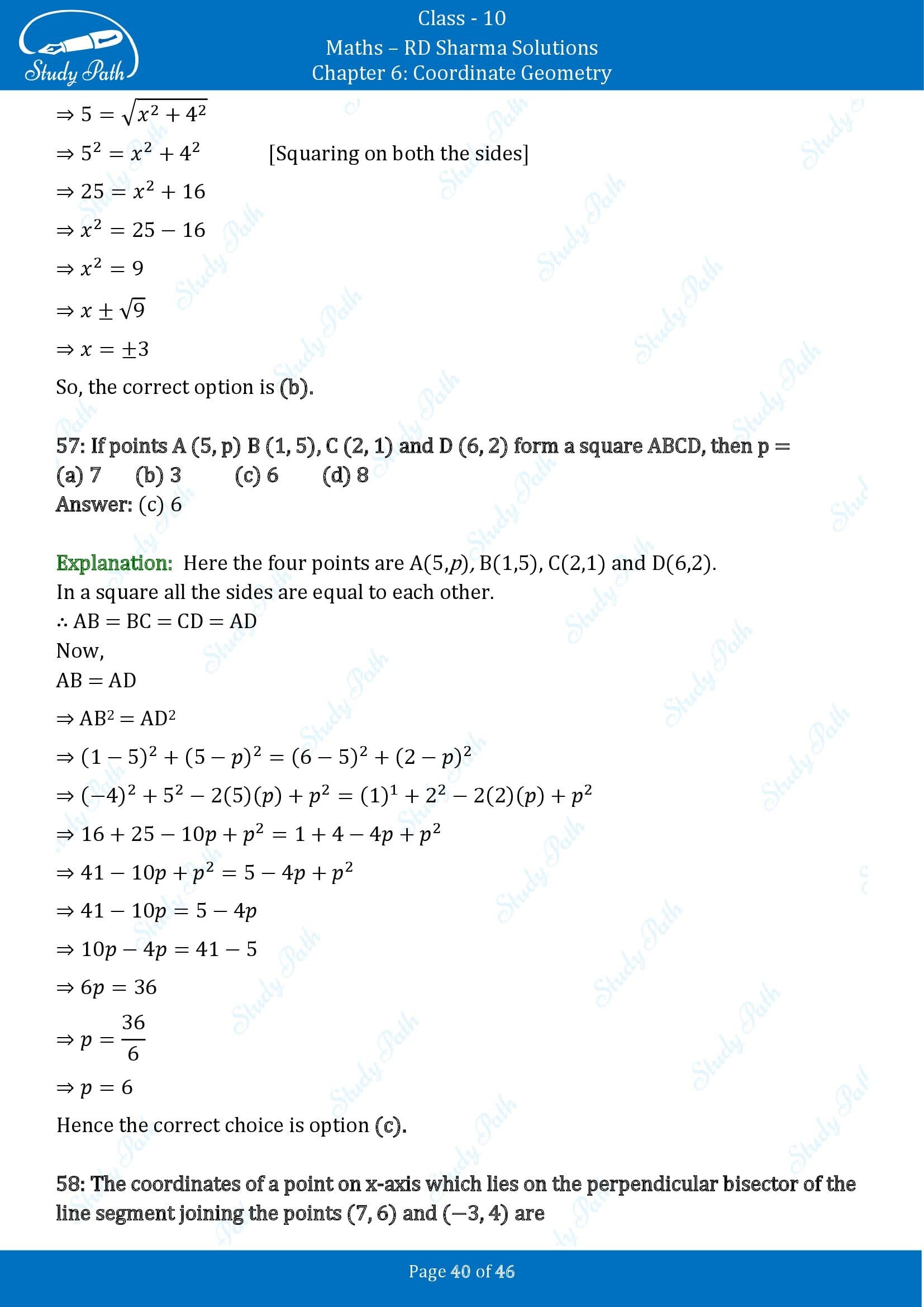 RD Sharma Solutions Class 10 Chapter 6 Coordinate Geometry Multiple Choice Questions MCQs 00040