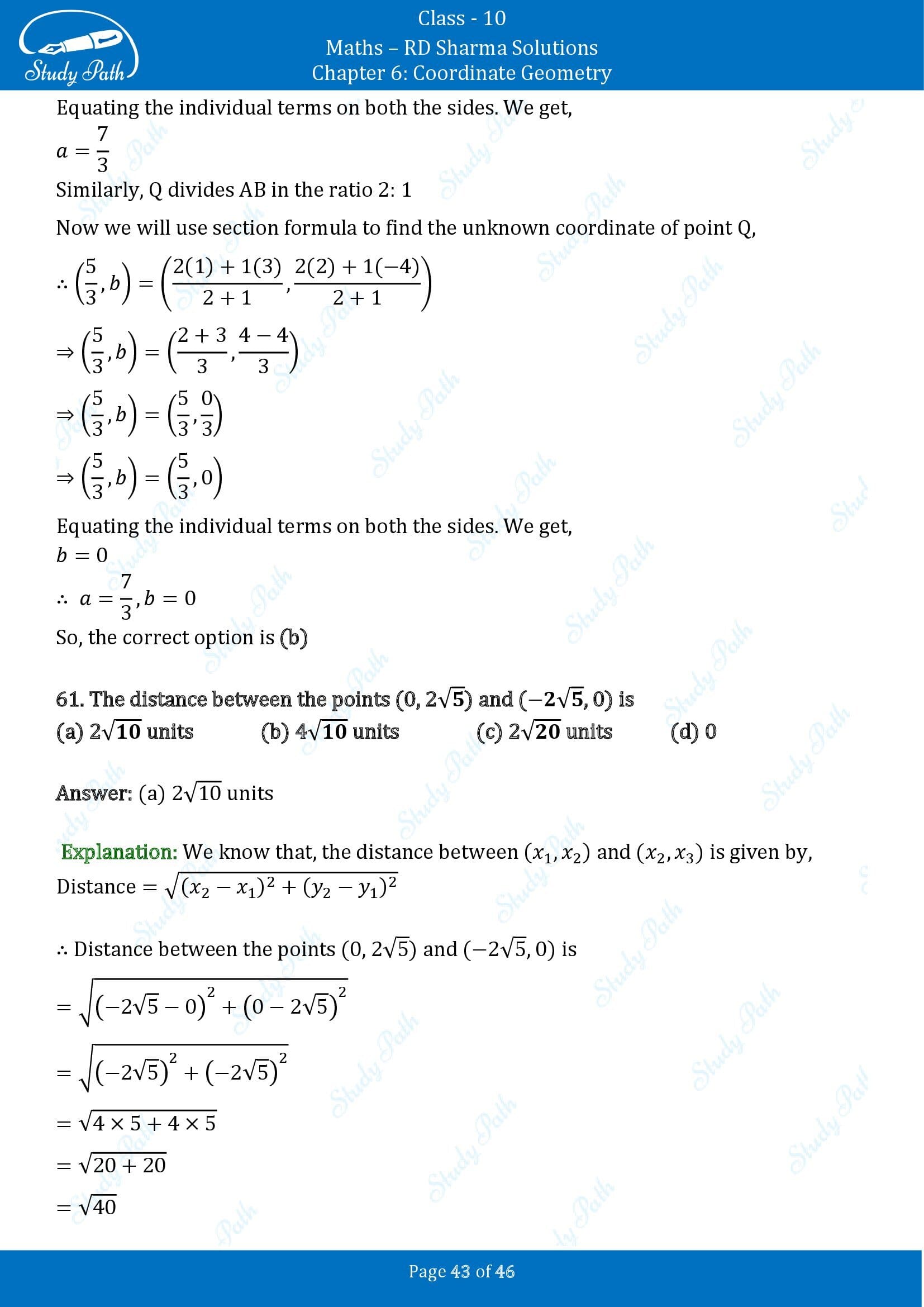 RD Sharma Solutions Class 10 Chapter 6 Coordinate Geometry Multiple Choice Questions MCQs 00043