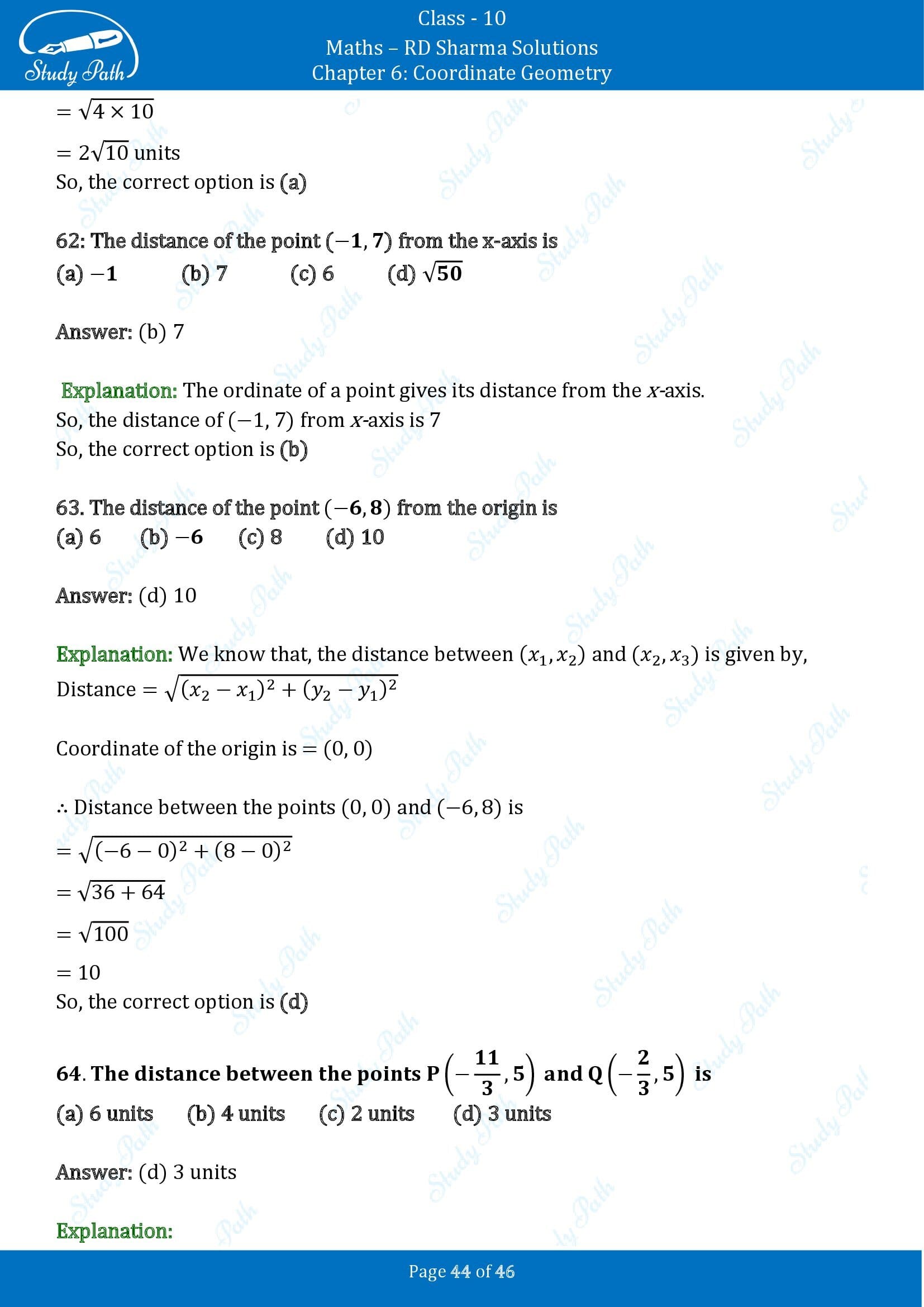 RD Sharma Solutions Class 10 Chapter 6 Coordinate Geometry Multiple Choice Questions MCQs 00044