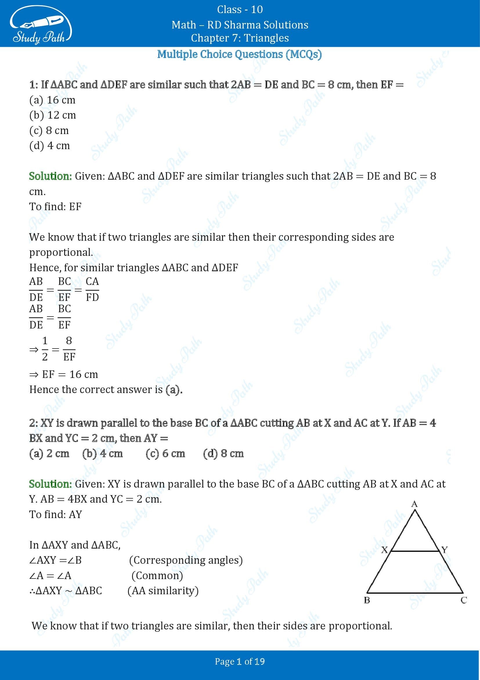 RD Sharma Solutions Class 10 Chapter 7 Triangles Multiple Choice Questions MCQs 00001