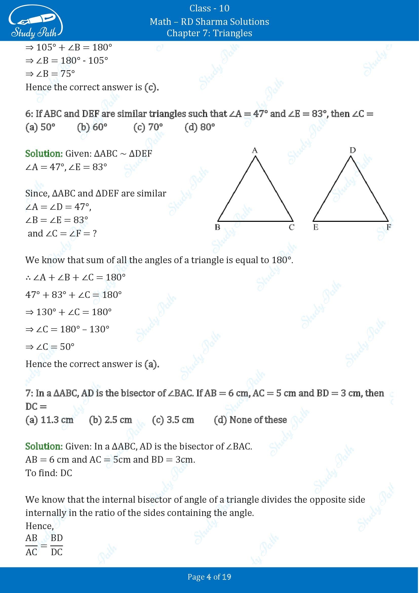 RD Sharma Solutions Class 10 Chapter 7 Triangles Multiple Choice Questions MCQs 00004