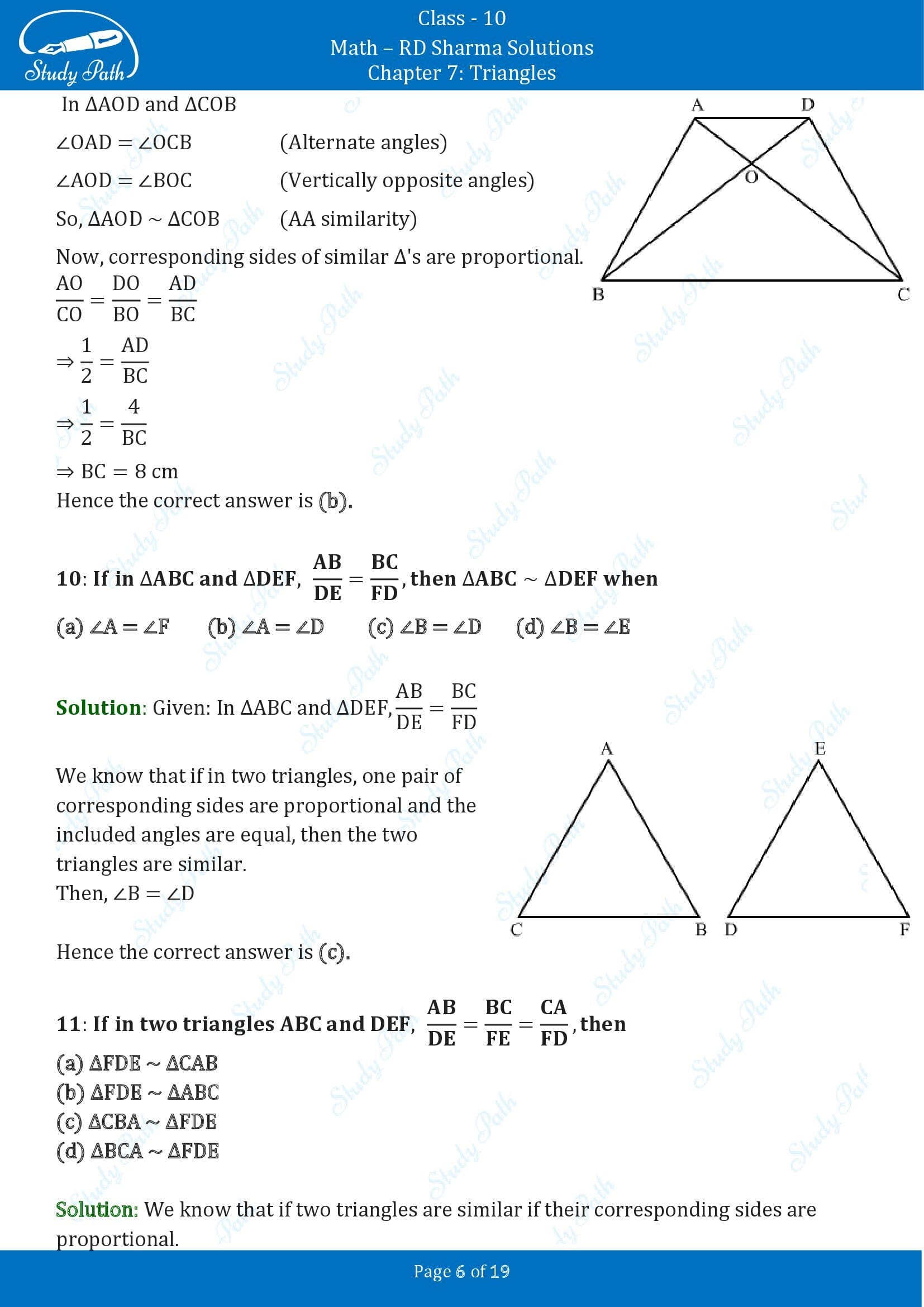 RD Sharma Solutions Class 10 Chapter 7 Triangles Multiple Choice Questions MCQs 00006