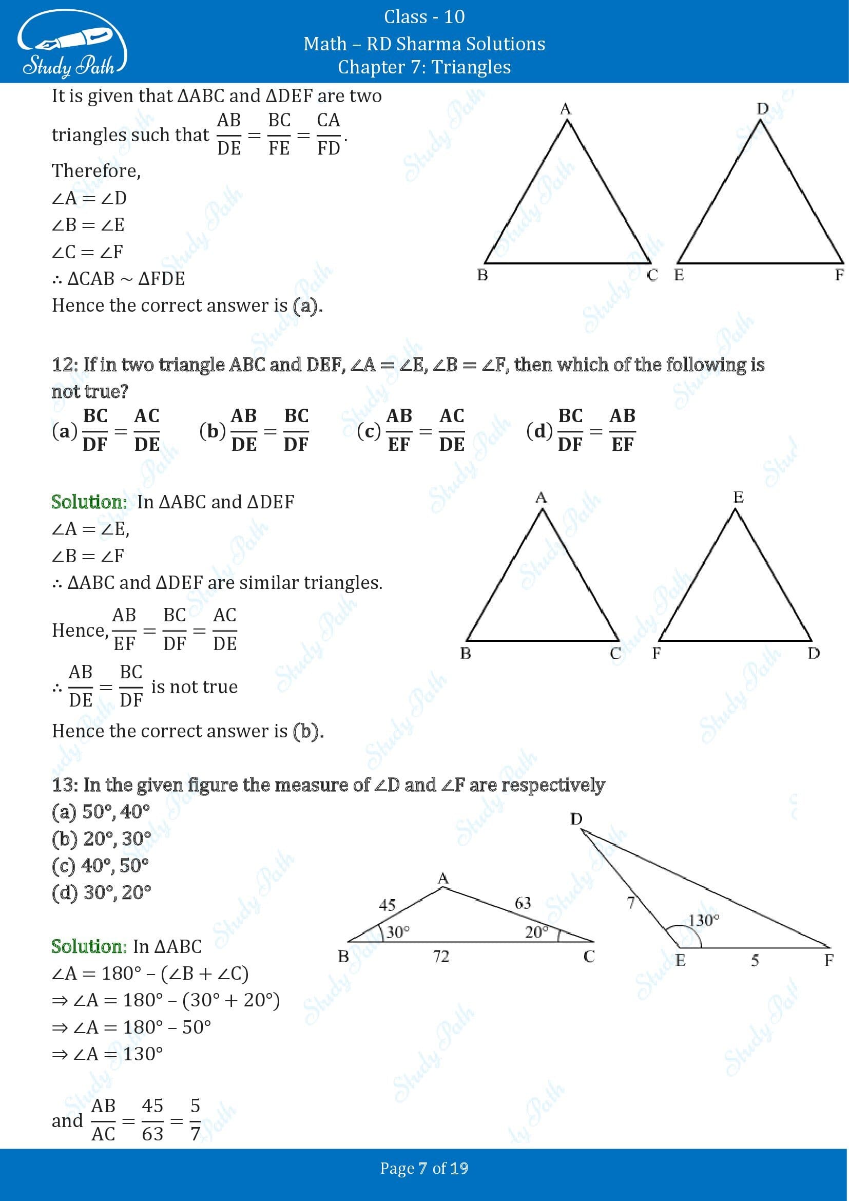 RD Sharma Solutions Class 10 Chapter 7 Triangles Multiple Choice Questions MCQs 00007