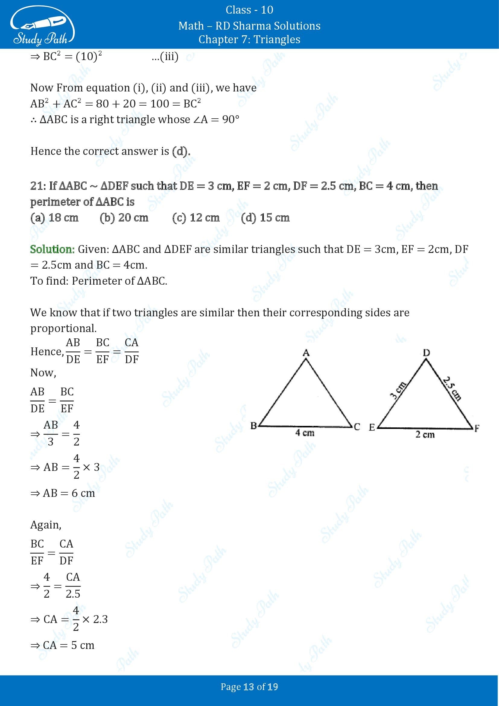 RD Sharma Solutions Class 10 Chapter 7 Triangles Multiple Choice Questions MCQs 00013