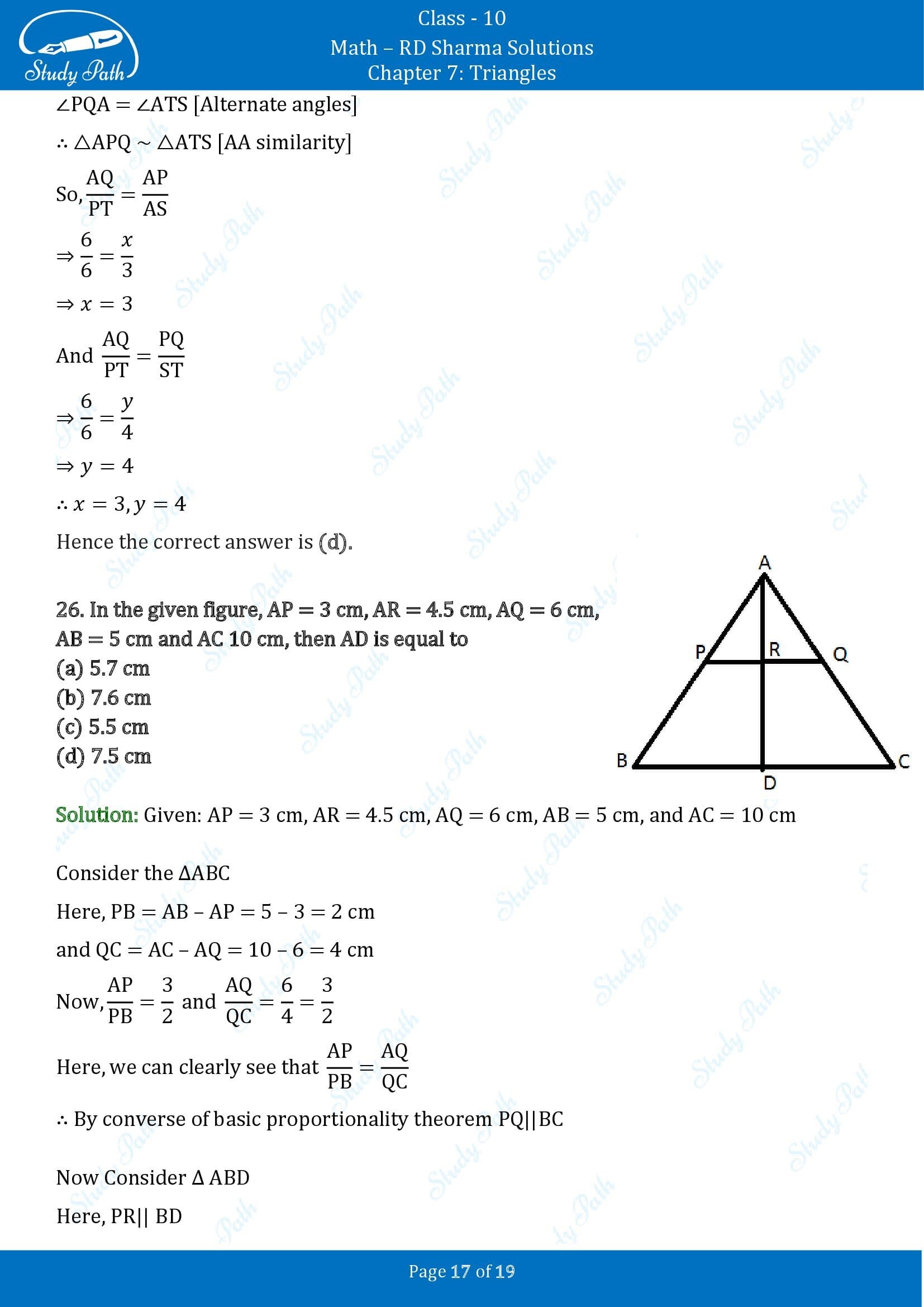 RD Sharma Solutions Class 10 Chapter 7 Triangles Multiple Choice Questions MCQs 00017