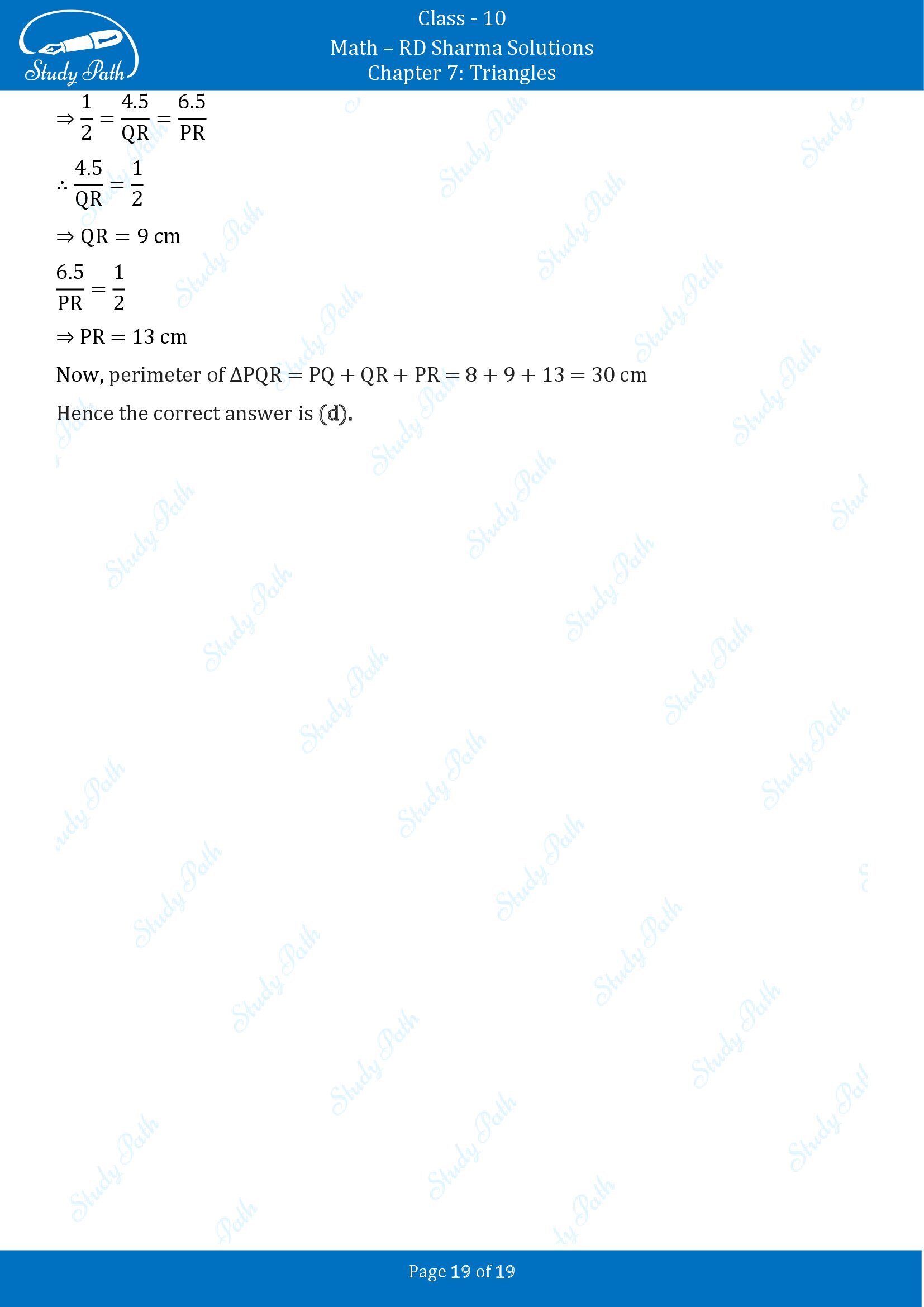 RD Sharma Solutions Class 10 Chapter 7 Triangles Multiple Choice Questions MCQs 00019