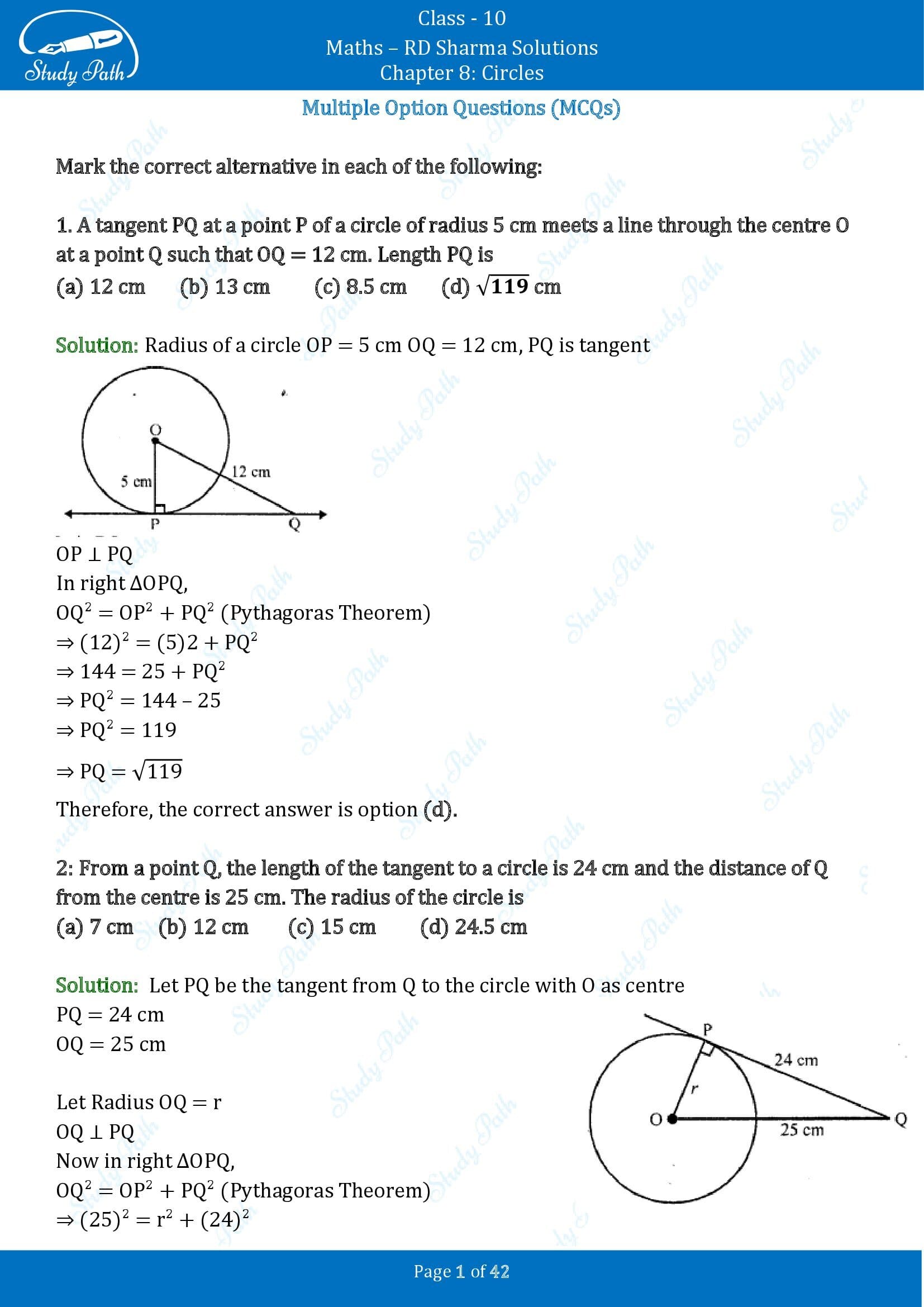 RD Sharma Solutions Class 10 Chapter 8 Circles Multiple Choice Questions MCQs 00001