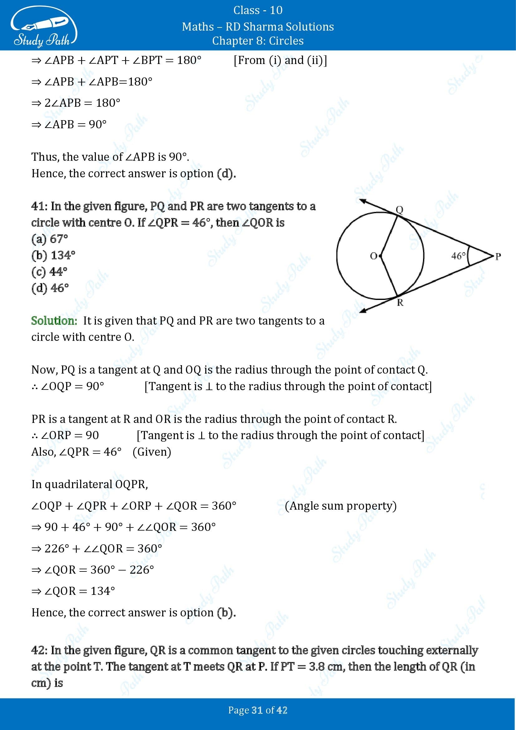 RD Sharma Solutions Class 10 Chapter 8 Circles Multiple Choice Questions MCQs 00031