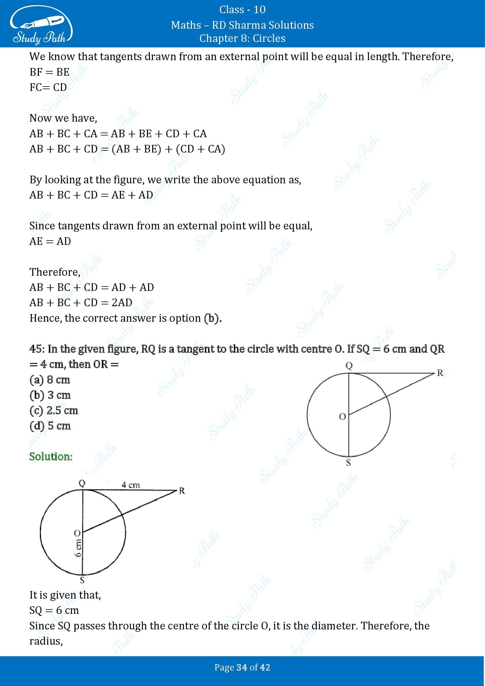 RD Sharma Solutions Class 10 Chapter 8 Circles Multiple Choice Questions MCQs 00034