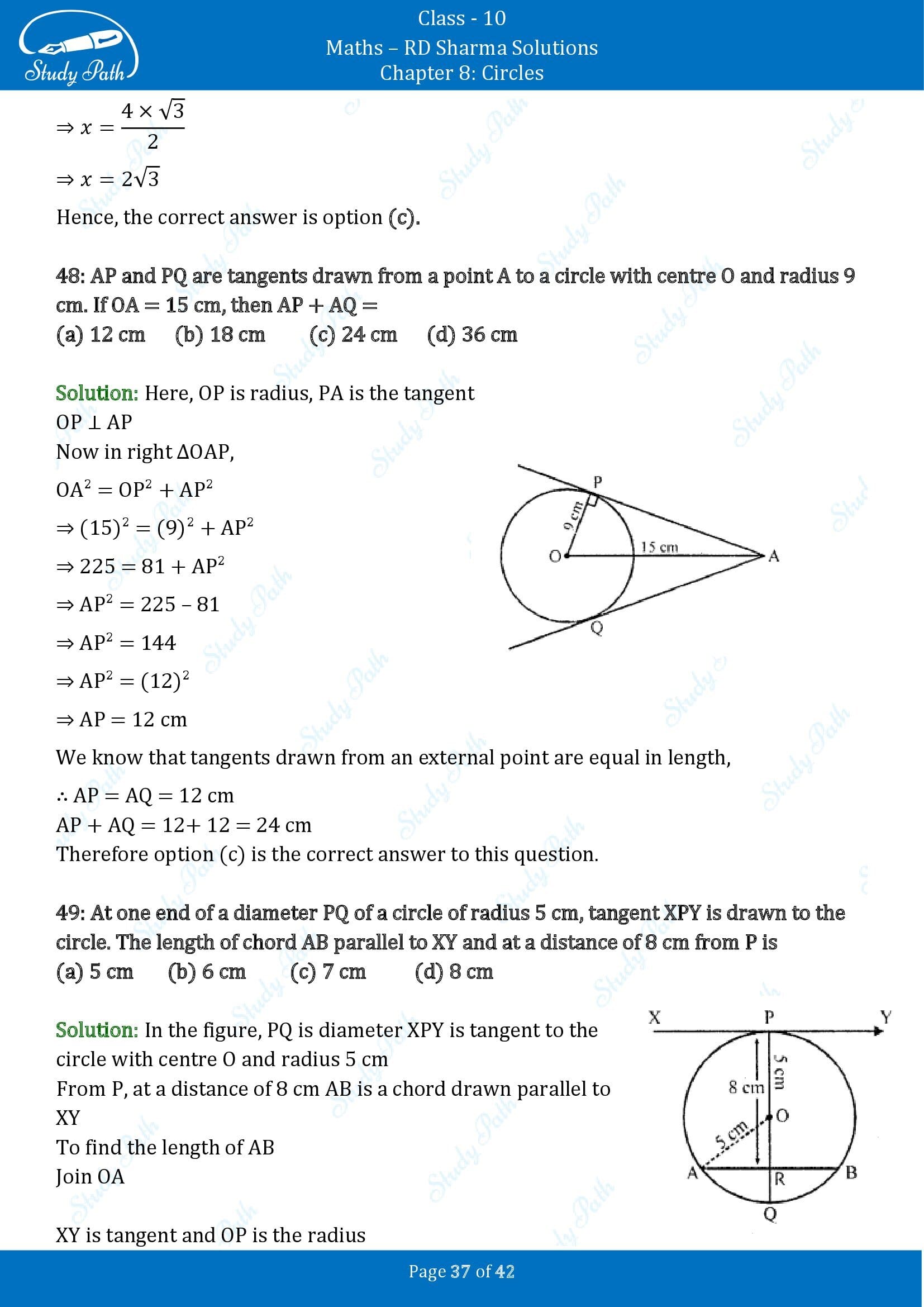 RD Sharma Solutions Class 10 Chapter 8 Circles Multiple Choice Questions MCQs 00037