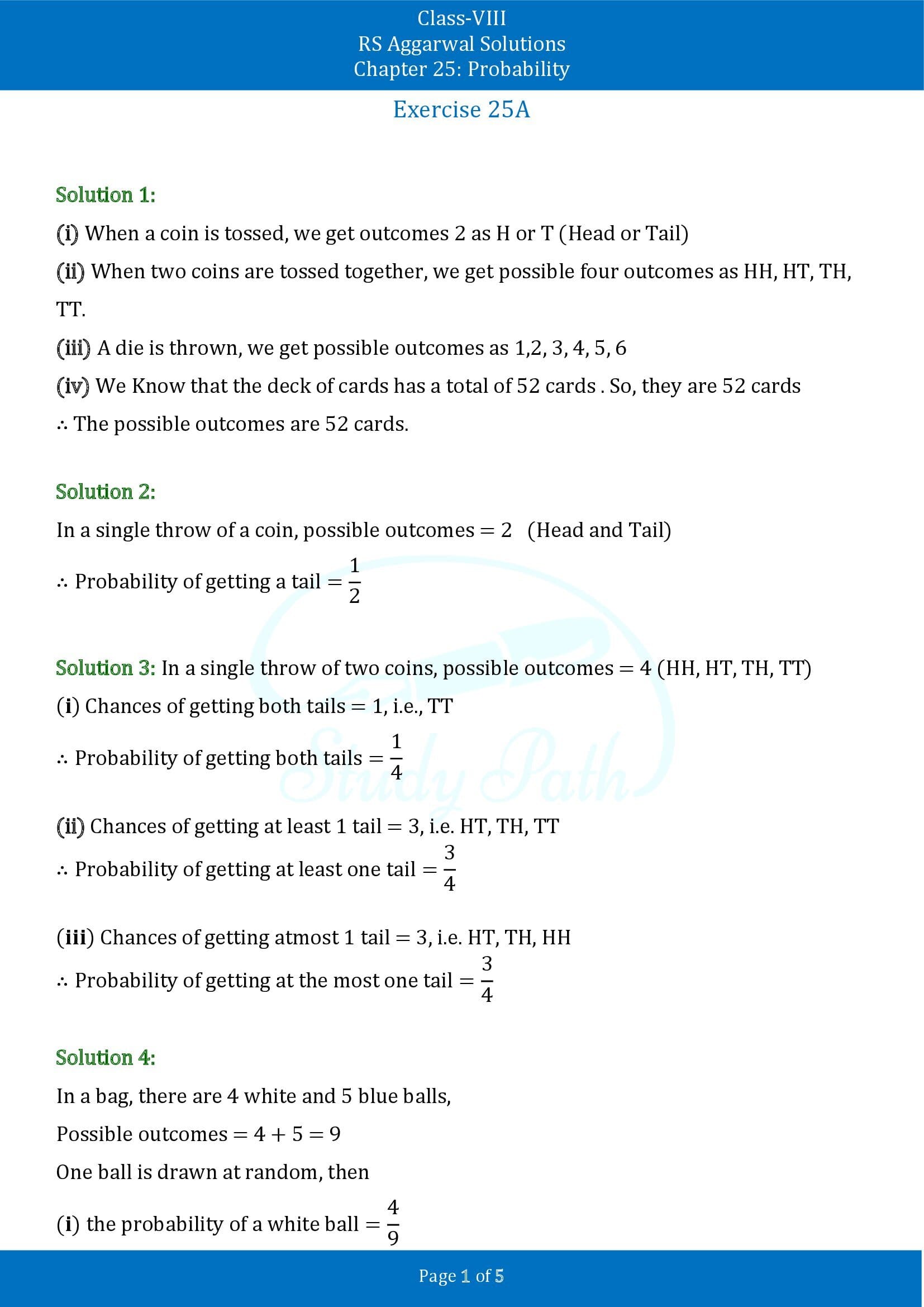 RS Aggarwal Solutions Class 8 Chapter 25 Probability Exercise 25A 00001