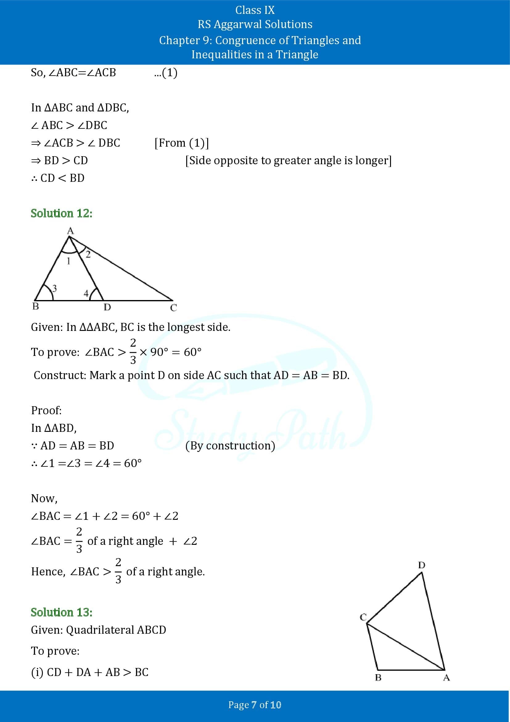 RS Aggarwal Solutions Class 9 Chapter 9 Congruence of Triangles and Inequalities in a Triangle Exercise 9B 00007