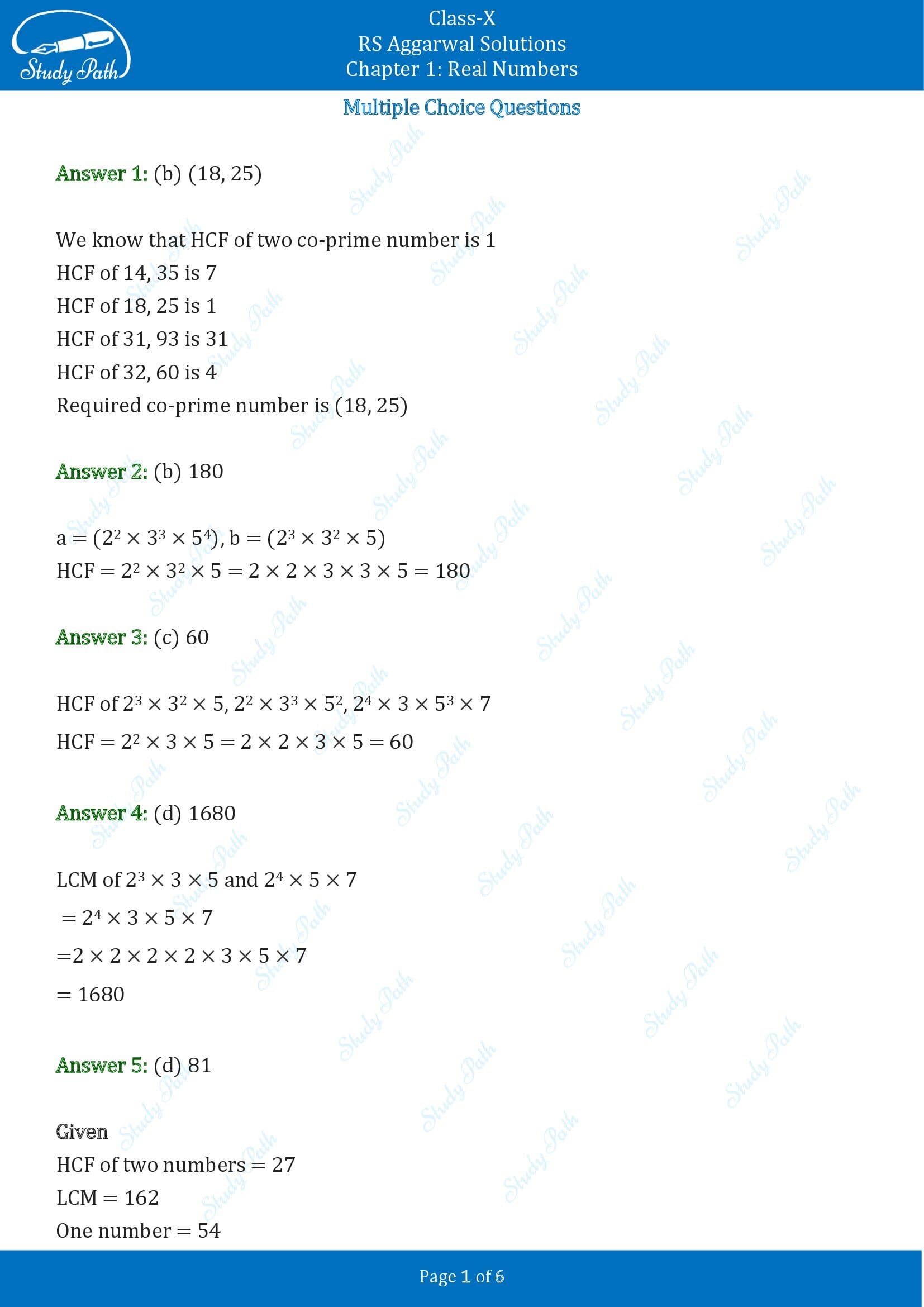 RS Aggarwal Solutions for Class 10 Chapter 1 Real Numbers Multiple Choice Questions 00001