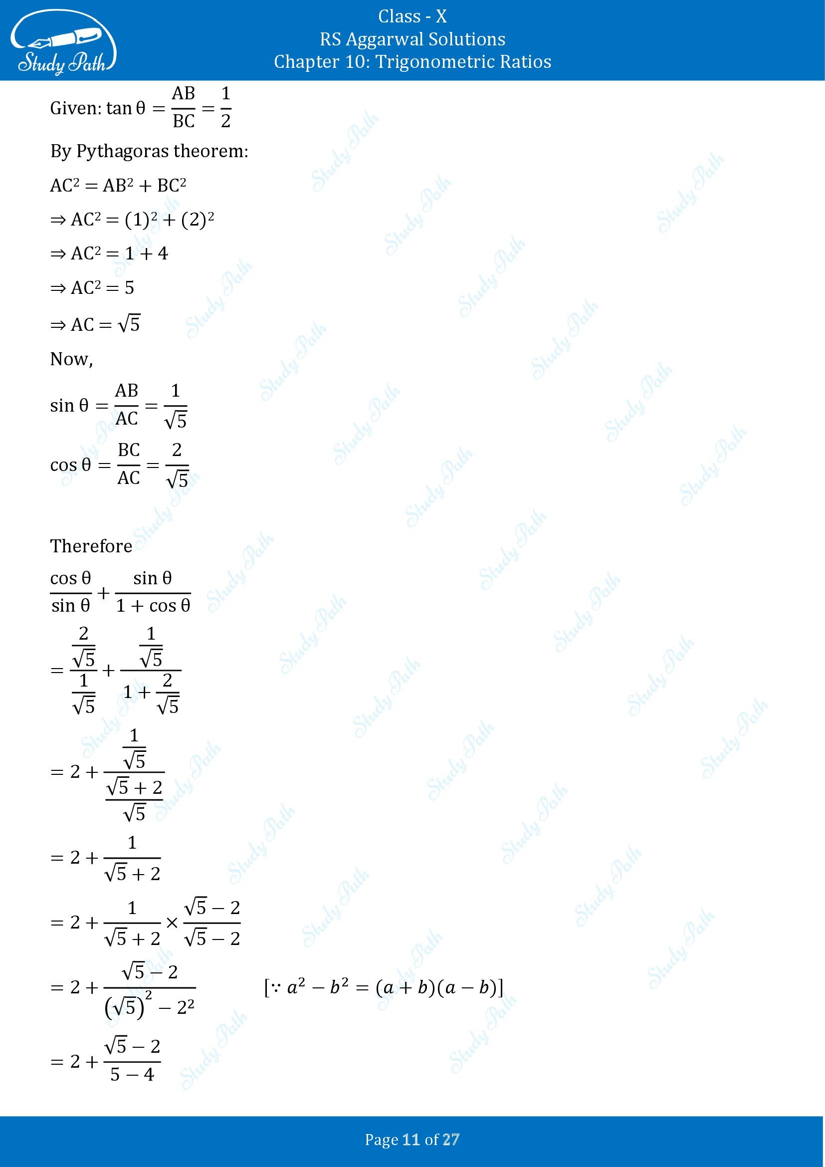 RS Aggarwal Solutions for Class 10 Chapter 10 Trigonometric Ratios Exercise 10 00011