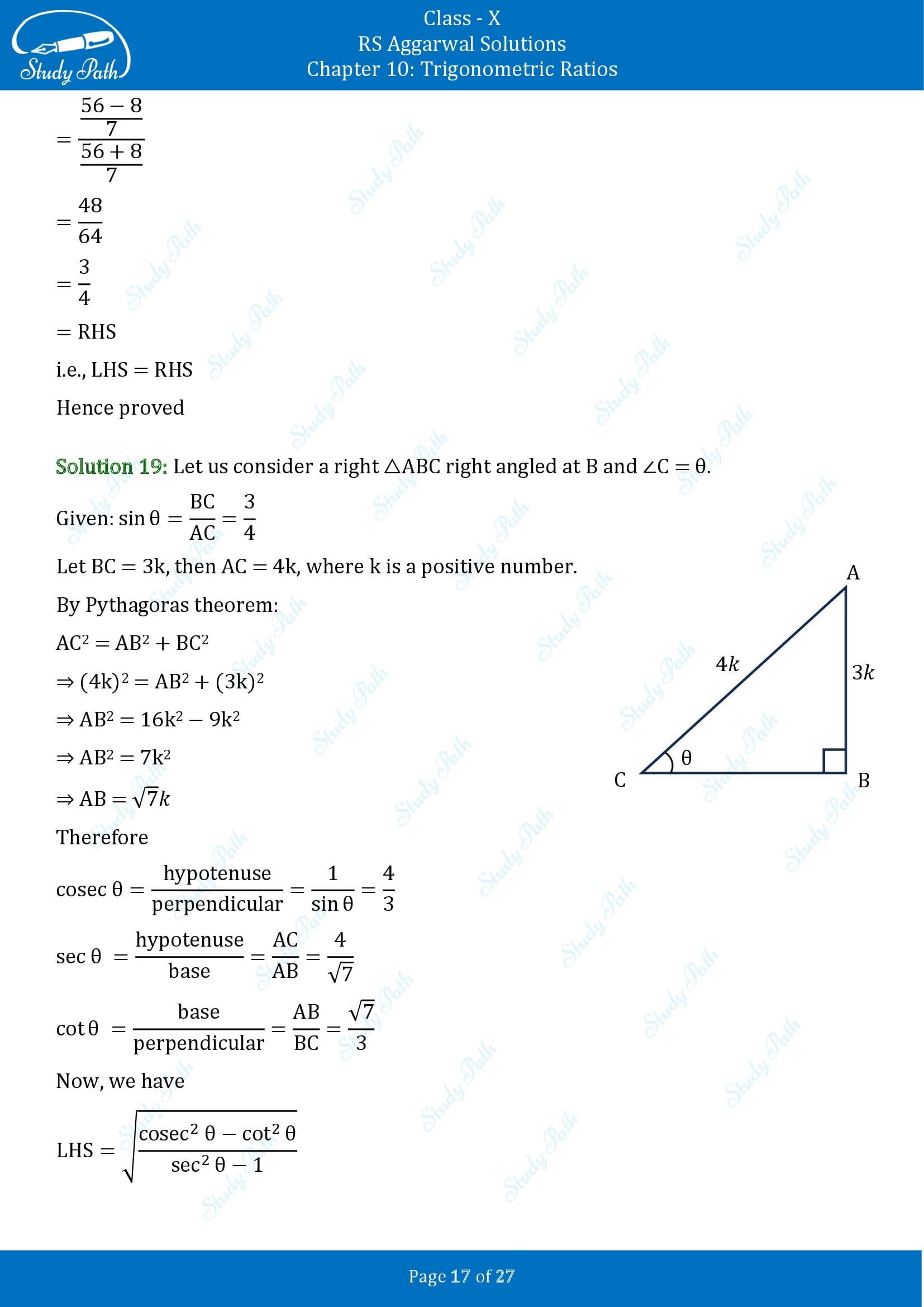 RS Aggarwal Solutions for Class 10 Chapter 10 Trigonometric Ratios Exercise 10 00017