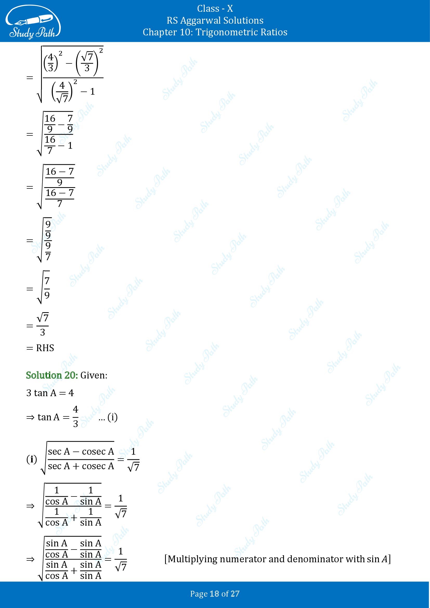 RS Aggarwal Solutions for Class 10 Chapter 10 Trigonometric Ratios Exercise 10 00018