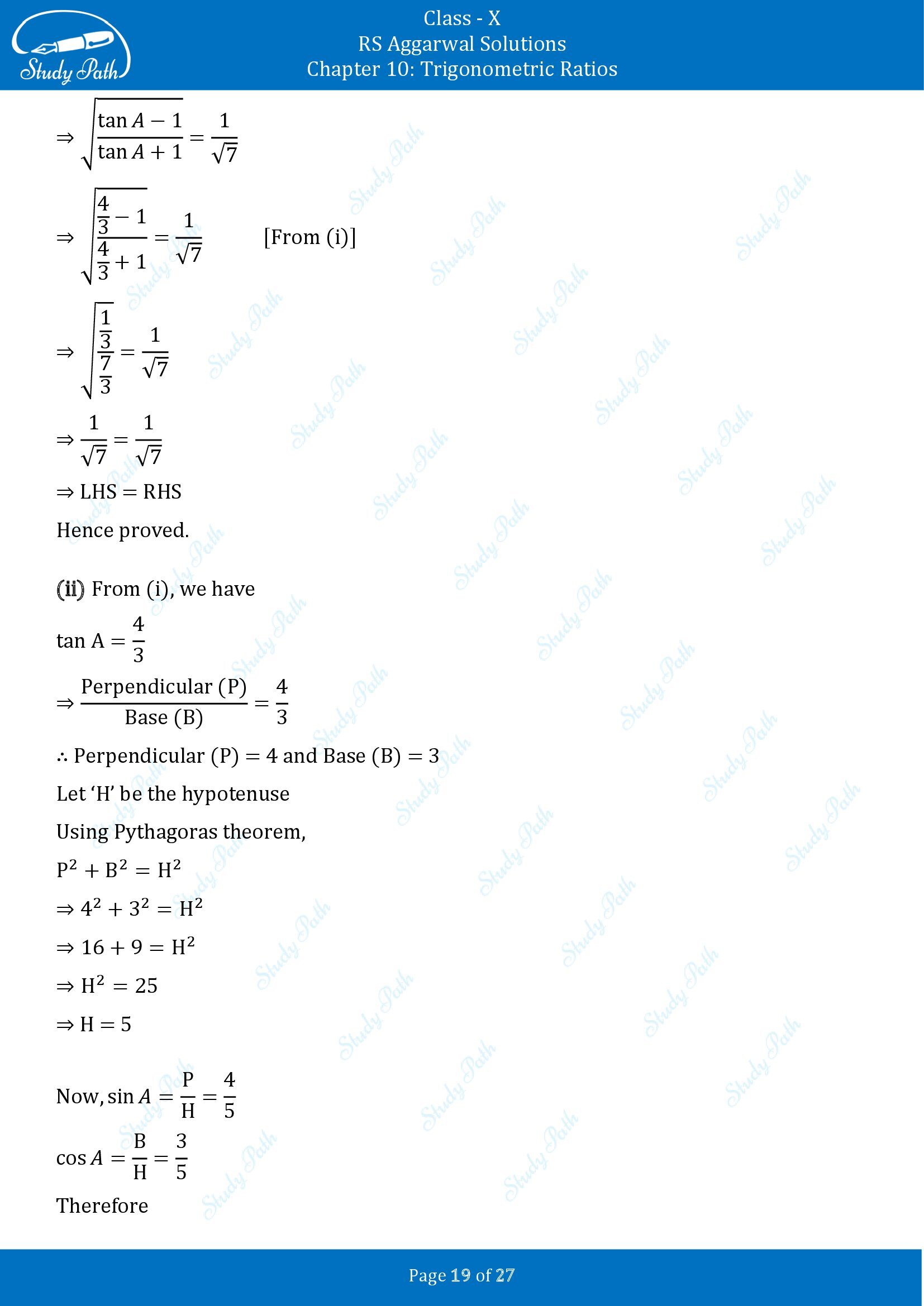 RS Aggarwal Solutions for Class 10 Chapter 10 Trigonometric Ratios Exercise 10 00019