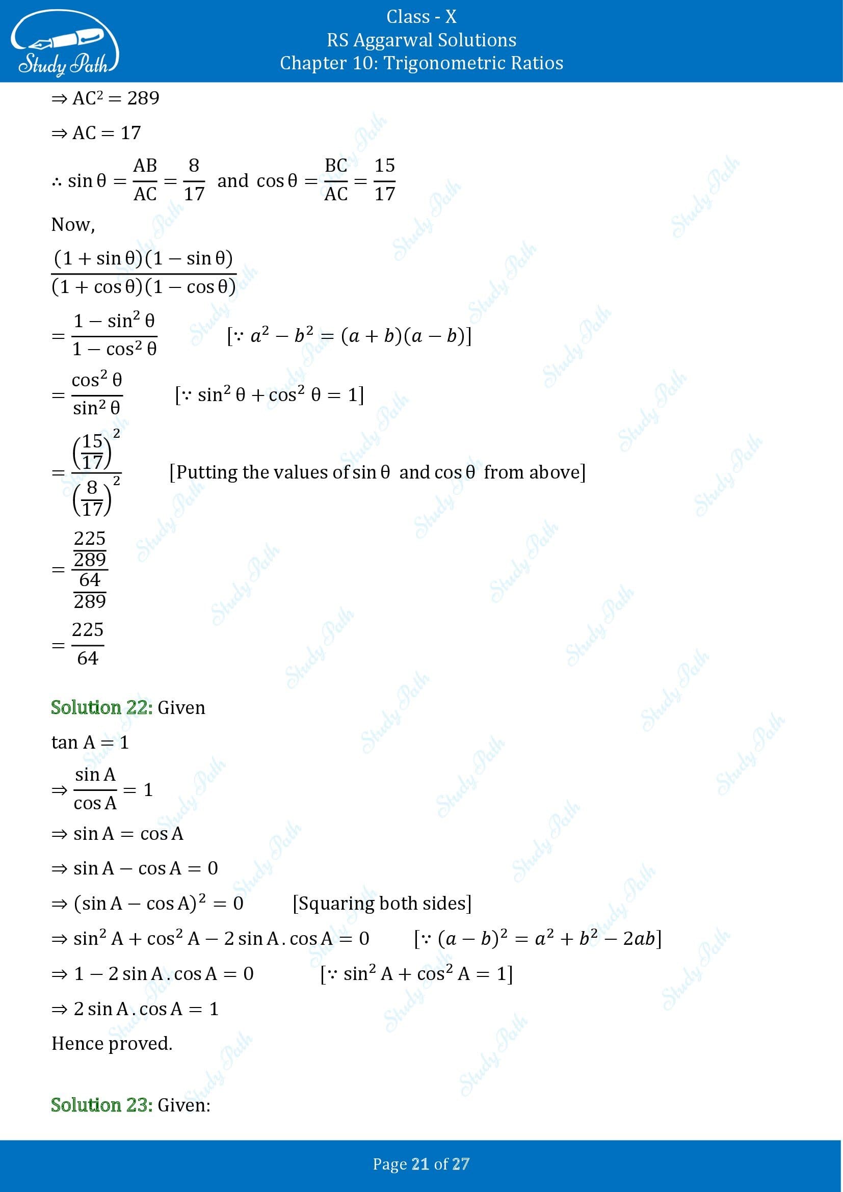 RS Aggarwal Solutions for Class 10 Chapter 10 Trigonometric Ratios Exercise 10 00021