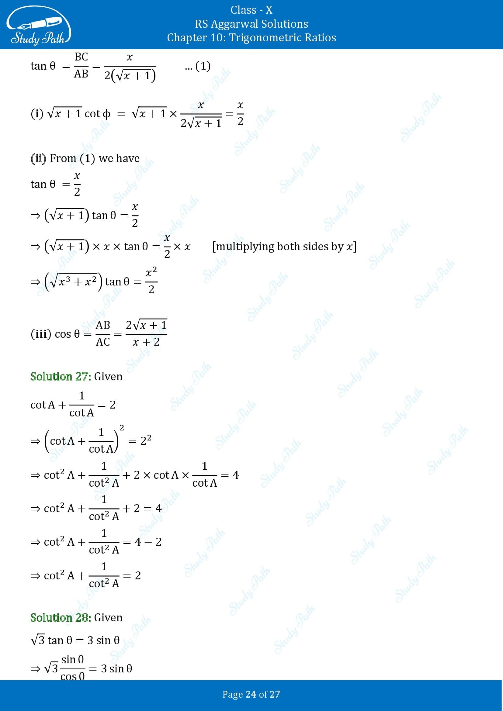 RS Aggarwal Solutions for Class 10 Chapter 10 Trigonometric Ratios Exercise 10 00024